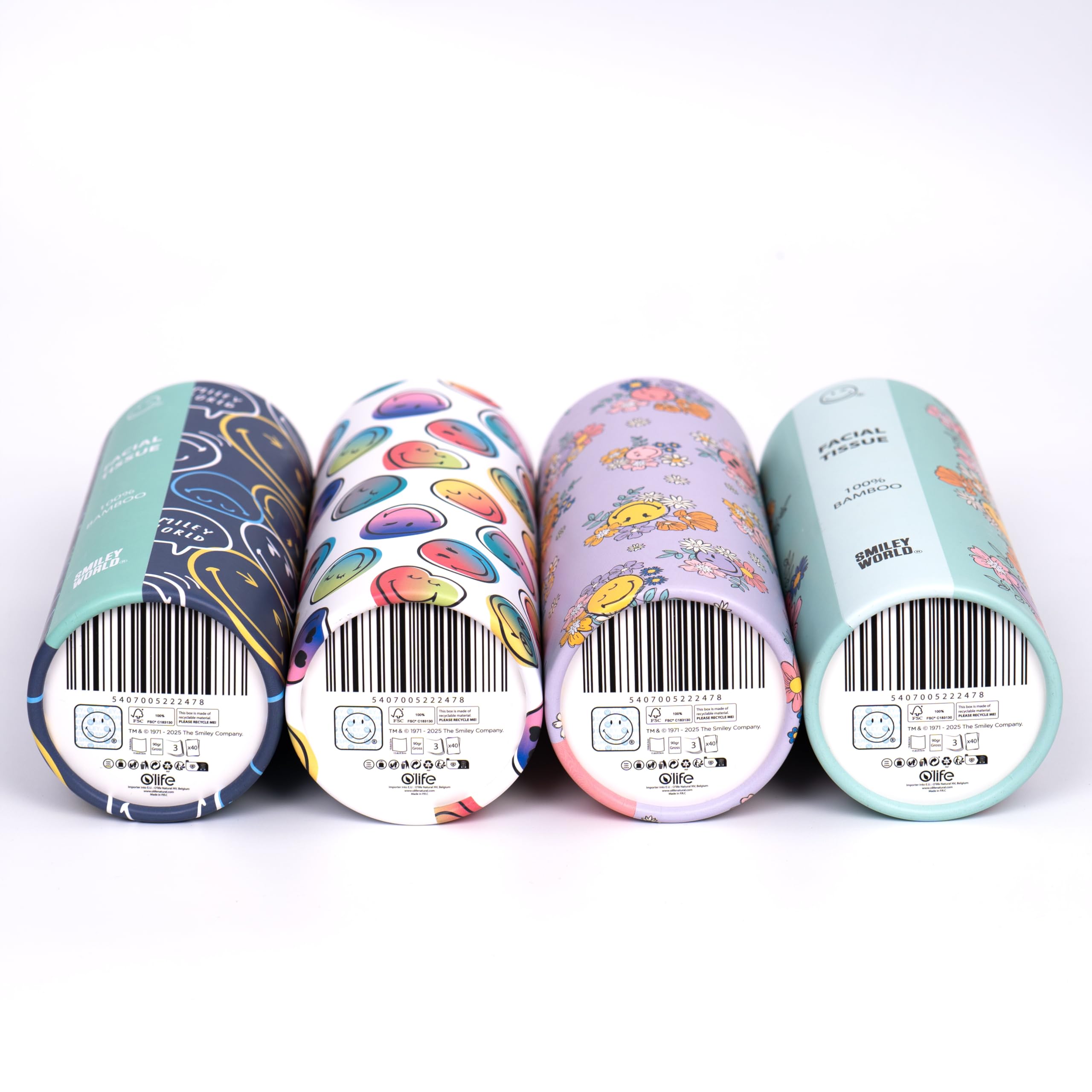 SmileyWorld - Chusteczki cylindryczne - 100% bambus - 3 warstwy - Design Smiley World - Kompaktowy rozmiar do samochodu, domu, plecaka, fotelika dziecięcego, szkolnego – 12 cylindrów