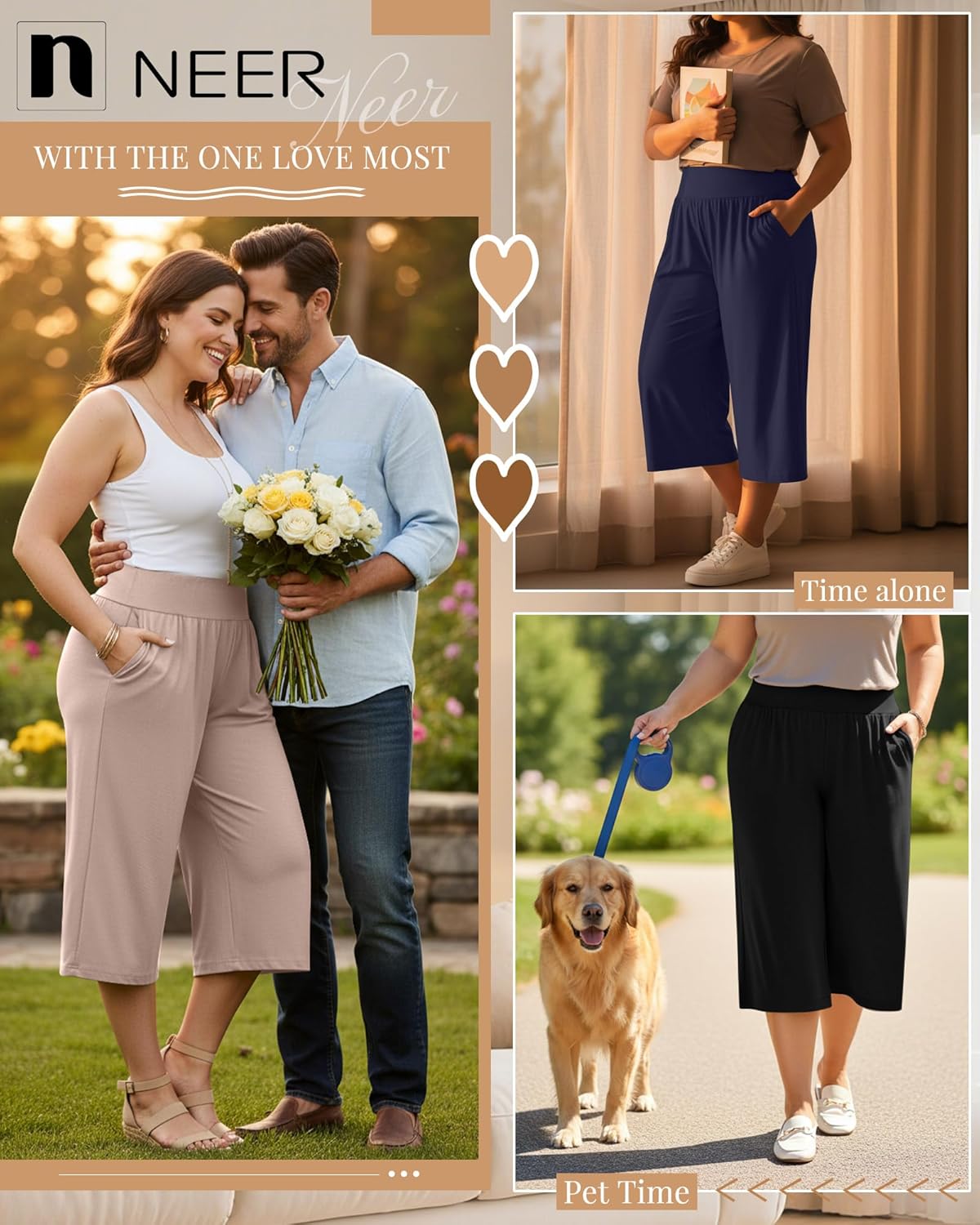 Neer 3 Pack Women's Plus Size Capri Pants, Wide Legs Elastic Waist Capris with Pockets Lounge Loose Sweatpants - Image 2