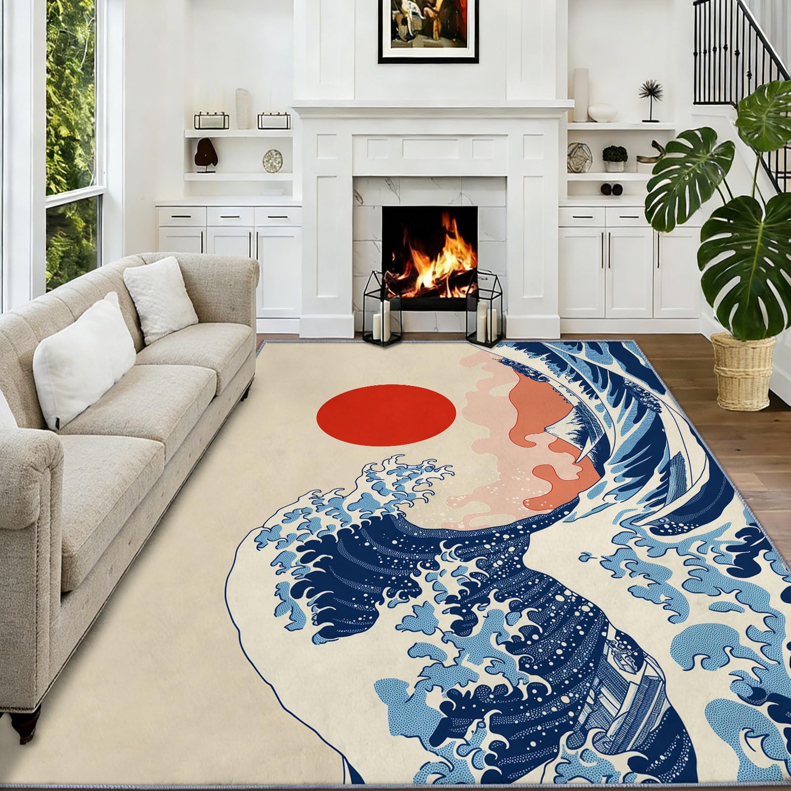 Générique Tapis de Salon Motif Grande Vague Ukiyo-e Japonaise Traditionnelle Doux Antidérapant Poils Ras, Résistant pour Adulte Chambre Salle à Manger Couloir et Bureau, 120 x 170 cm
