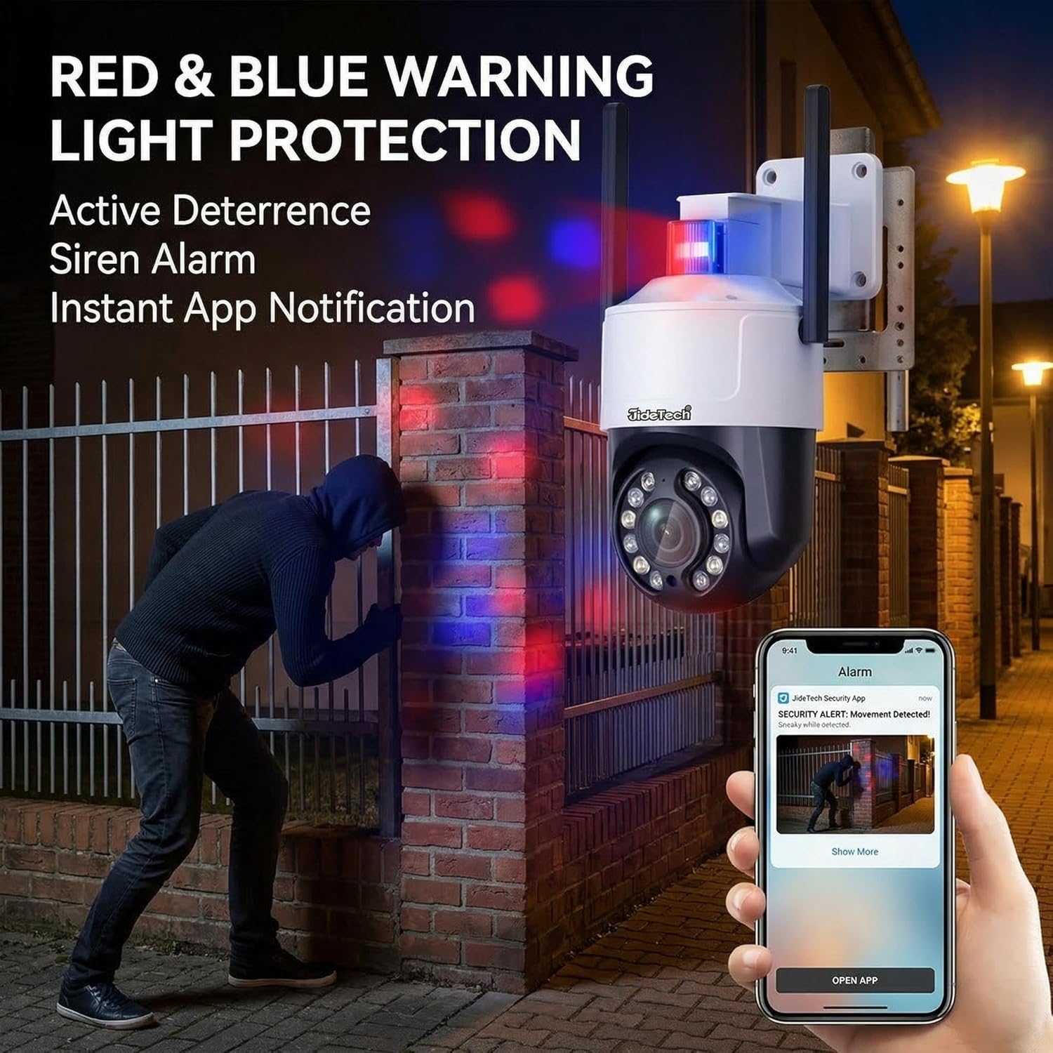 JideTech 4K 8MP Security Camera Outdoor, 5X Optical Zoom, PTZ Camera WiFi 2.4/5GHz, Red & Blue Light Alarm, Color Night Vision Floodlight, Auto Tracking, Human Vehicle Pet Detection