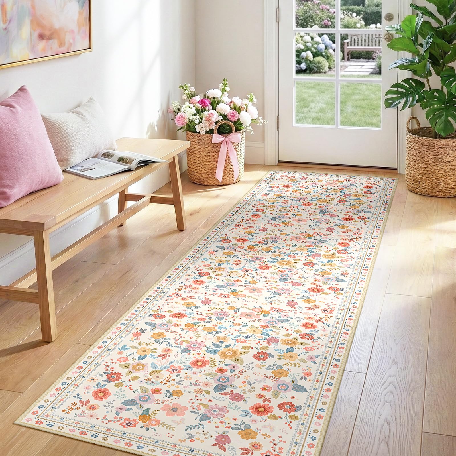 INOVADAY Washable Rug Floral Print 60x244 cm Cream Hallway Runner Rug — image 1