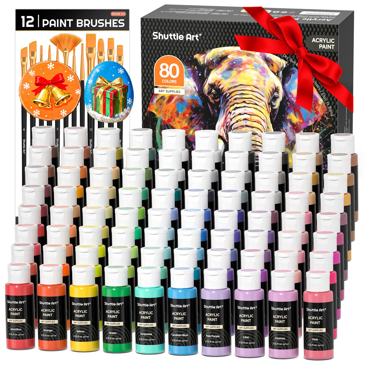 Shuttle Art 80 Pack Acrylic Paints Set, 78 Colours Acrylic Paint (2oz,60ml) with Extra White Black Piants & 12 Brushes, Rich Pigmented, Water Proof for Artists, Beginners on Canvas Rock Wood Ceramic