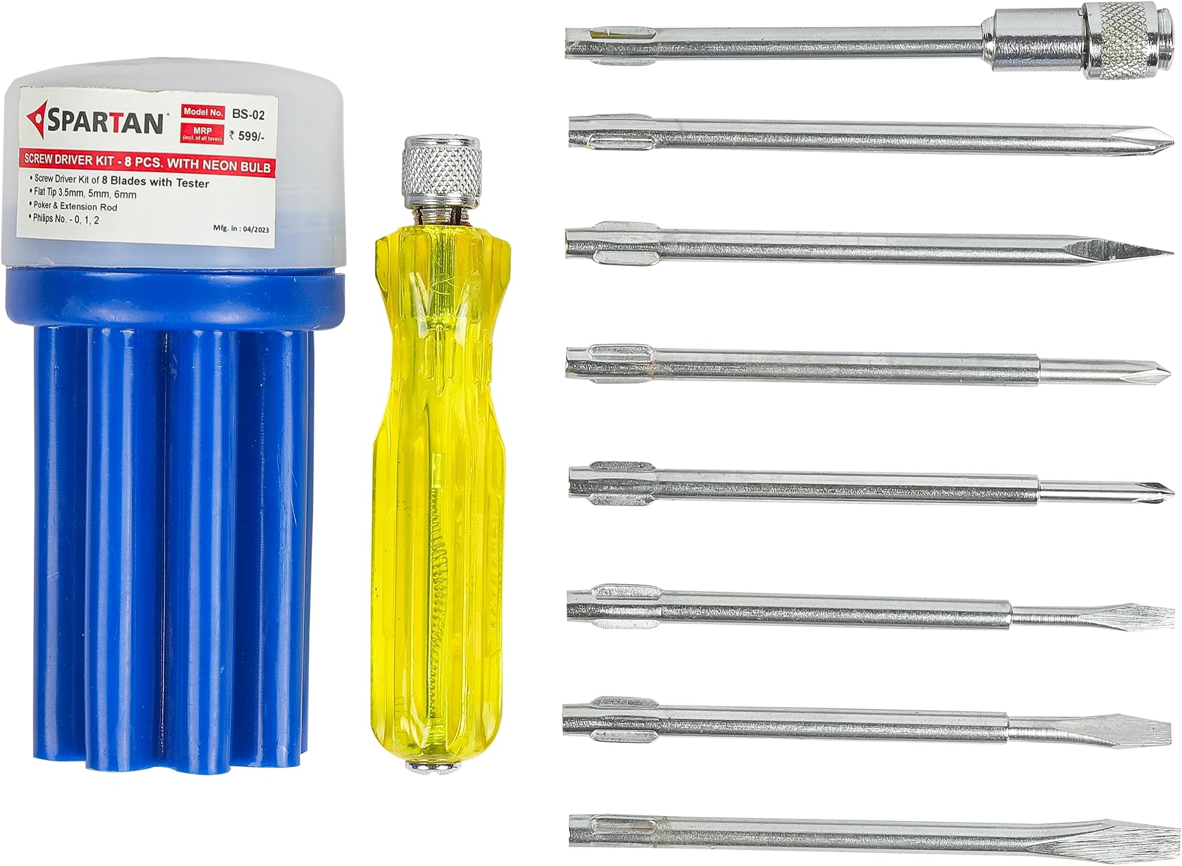 SPARTAN BS-02 8-in-1 Pc Screw Driver Kit With 3 Flat Blades, 3 Phillips Head, 1 Round Poker Bar, Extension Rod| Multi-purpose Tool Set Screwdriver Set (Multicolor)