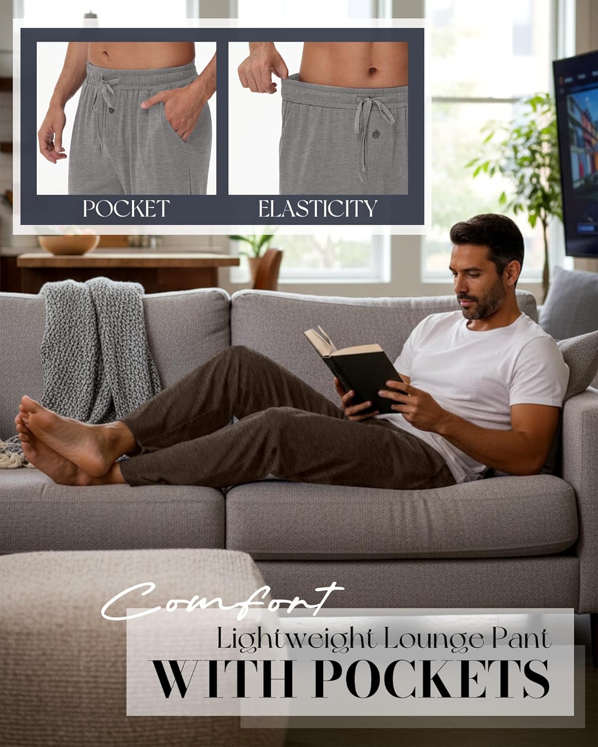 Neer 3 Pack Baggy Sweatpants for Men Knit Lightweight Lounge Pants Straight Leg Pajama Pant with Pocket