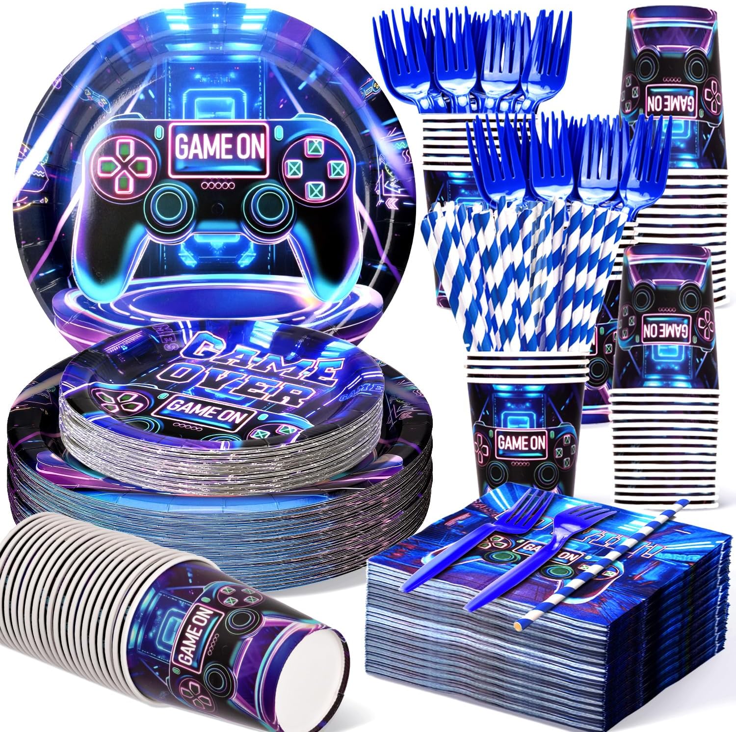 300 Pcs Video Game Plates and Napkins Tableware Sets, Birthday Party Decorations, Include Plates, Cups, Straws, Forks, Napkins, Game on Birthday Decorations for Boys Which Can Serve 50 300 Pcs Video Game Plates and Napkins Tableware Sets, Birthday Party Decorations, Include Plates, Cups, Straws, Forks, Napkins, Game on Birthday Decorations for Boys Which Can Serve 50