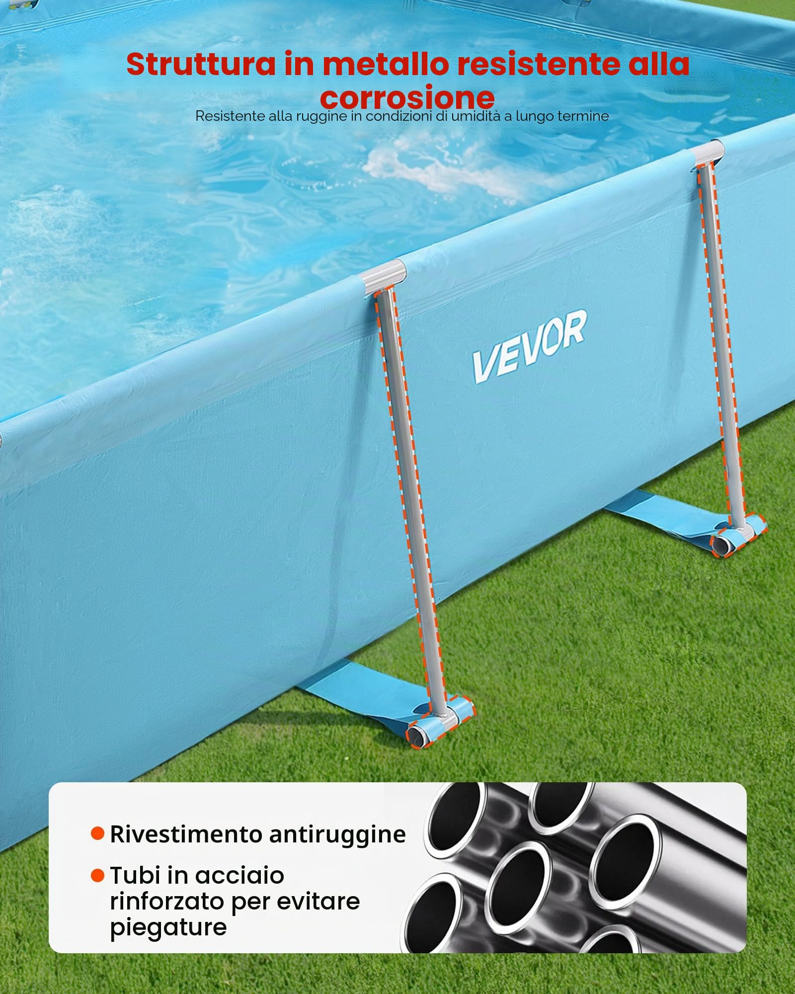 VEVOR Piscina Fuori Terra Rettangolare con Struttura in Metallo, 3 x 2 x 0,76 m, Piscina Rettangolare in PVC per Famiglie, Capacità Acqua 3959 L, con Sistema di Drenaggio a Flusso Controllato, Blu