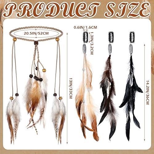 Vista 3 de XunYee Paquete de 4 diademas de plumas de Halloween con pinzas para el pelo de plumas para mujer, diadema hippie, tocado indio bohemio, tocado