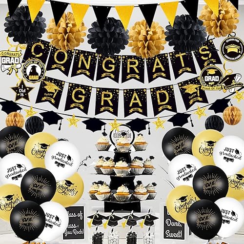 Miniatura 7 de Decoraciones de graduación de clase de 2023, 74 piezas de suministros de fiesta de graduación negros y dorados, juego de pancartas de