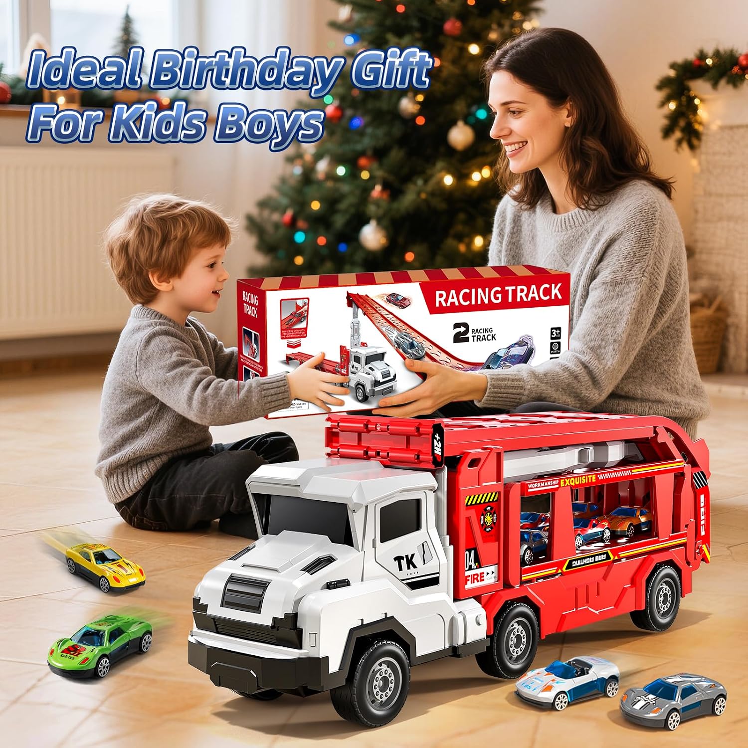 Transport Truck Toys for 3 4 5 6 7 Years Old Boys,Toys Cars Track Set Transporter Trucks with 12 Die-Cast Car Toys 2 Race catapults Dual-Track Model,Toddler Car Toy Set for Kids Boys Girls