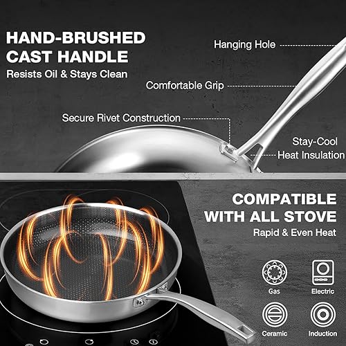 Miniatura 7 de PekGema Sartén antiadherente de 10 pulgadas, sartén de cerámica híbrida, sartén de acero inoxidable, sartén de chef apta para horno sin adhesivo,