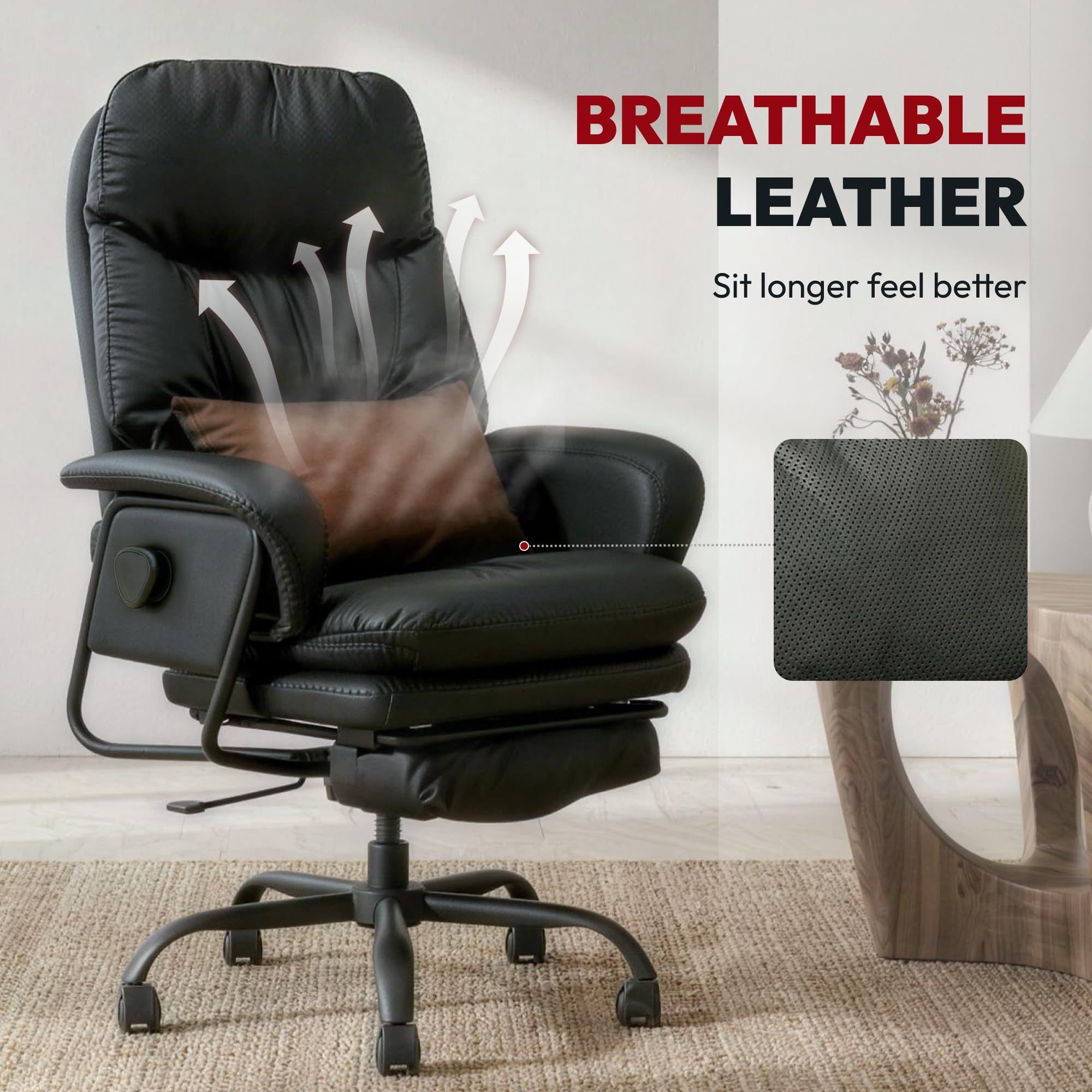 SANODESK Ergonomischer Bürostuhl Chefsessel mit 160° Liegefunktion, Gaming- & Relaxsessel aus PU-Leder mit Fußstütze, höhenverstellbar, belastbar bis 135 KG (Schwarz)