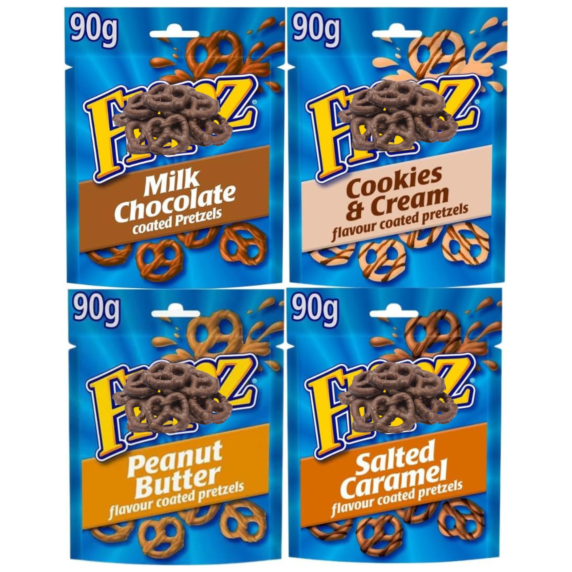 Credo Gifts Chocolate Pretzel Bundle with Flipz Salted Caramel Pretzels 90g, Milk Chocolate Pretzels 90g, Cookies & Cream Pretzels 90g & Peanut Butter Pretzels 90g (4 Pack)