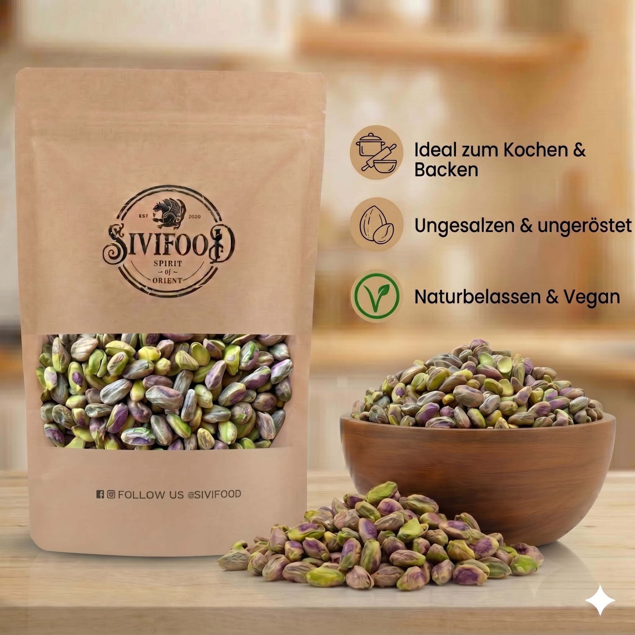 SIVIFOOD® Premium Pistazienkerne geschält [1kg] – Naturbelassene Pistazien ohne Schale in Premium Qualität – Ungesalzene & Ungeröstete Pistazienkerne – Vegan & vielseitig zum Backen, Kochen & Snacken