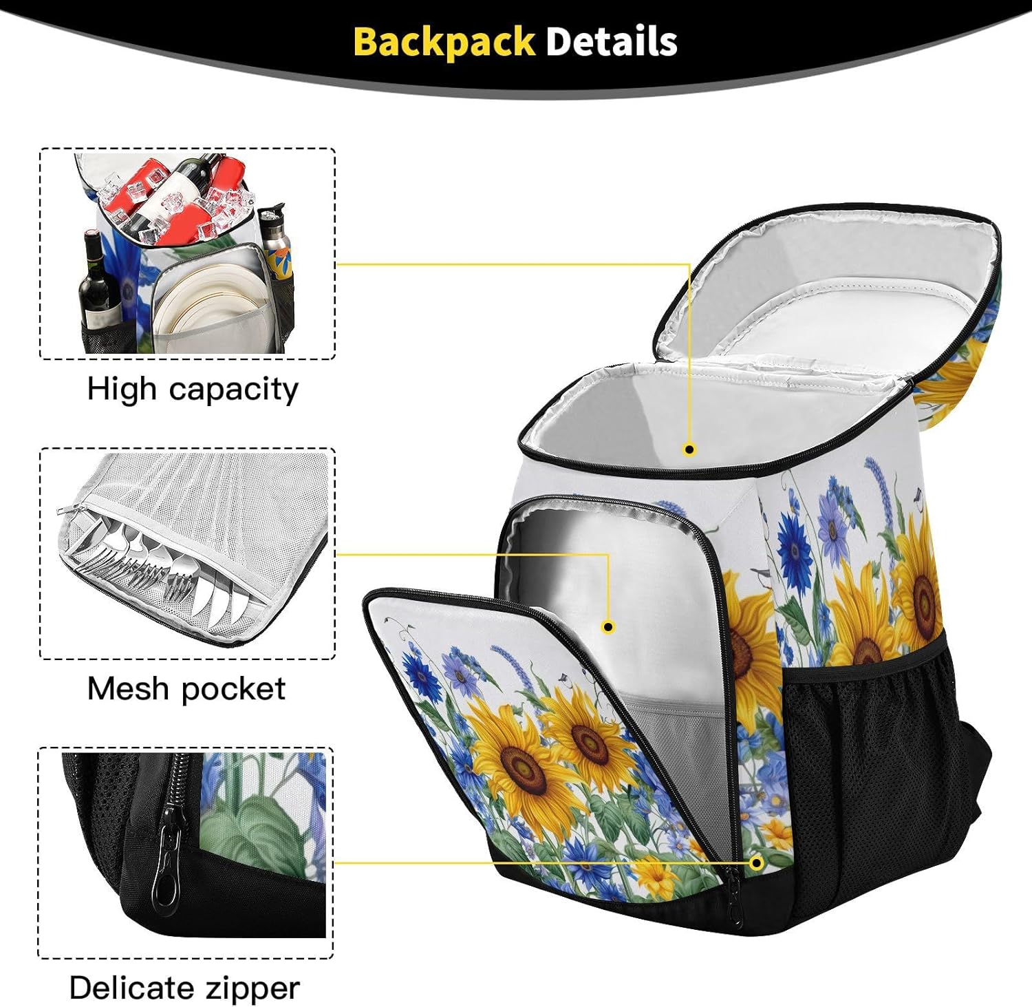 Sunflowers and Bluebells Cooler Backpack 36 Cans Leakproof Waterproof Backpack Cooler Bag Beach Accessories Travel Camping Fishing Backpack for Women Men