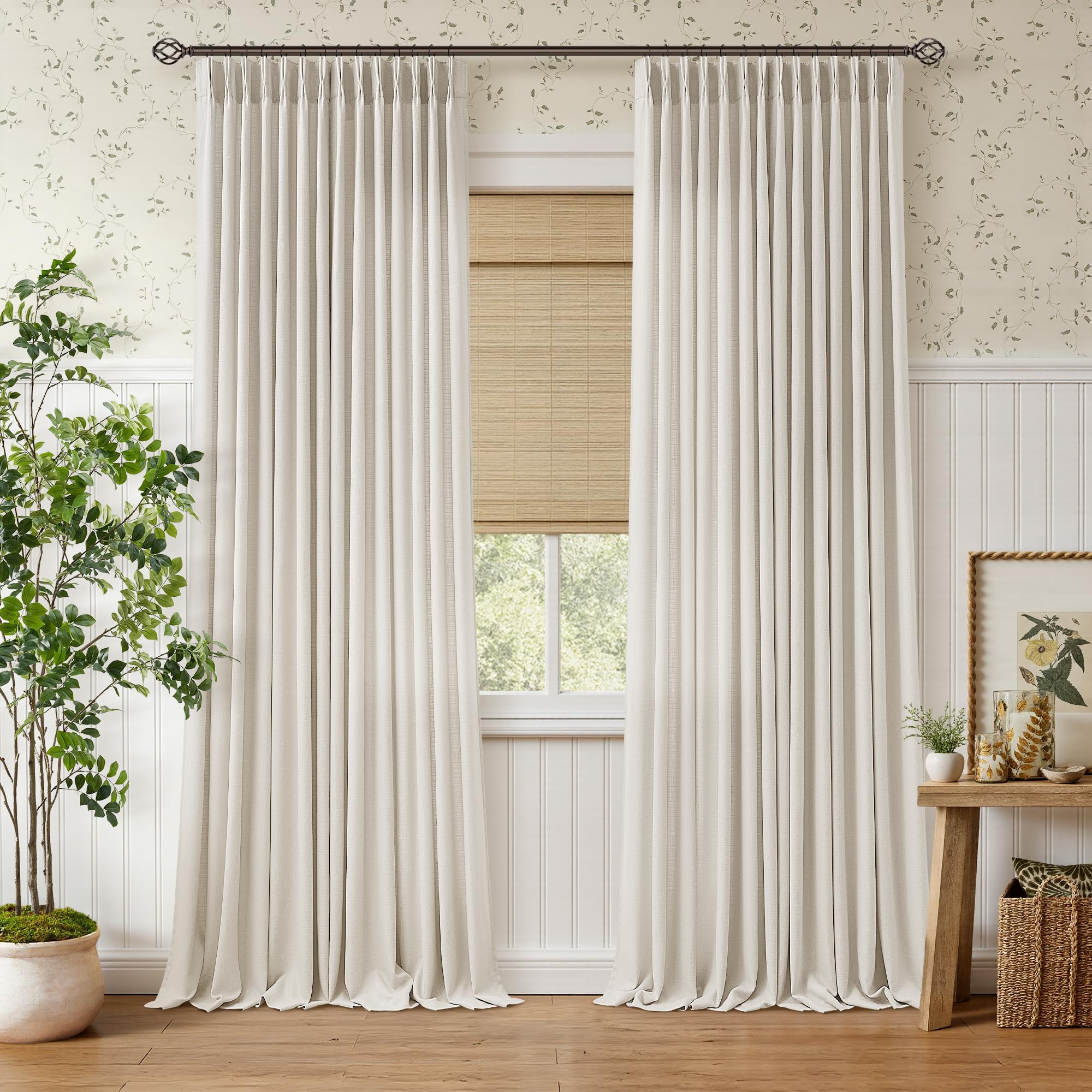 Photo 1 of 108 Inch Pinch Pleated Linen Curtains for Living Room Bedroom 2 Panels Set, Memory Trained Thick Linen High Ceiling Curtains Light Filtering Semi Sheer Luxury Natural Cream Drapes 108 Inches Long
