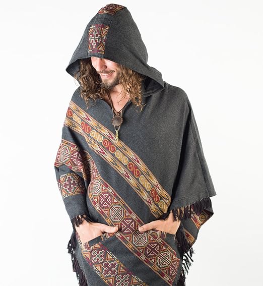 Amazon メンズ手作りポンチョダークグレーyakウール 大型フードとポケットプリミティブジプシーフェスティバルメキシコ部族刺繍アース ウィンターajjaya メンズ 通販