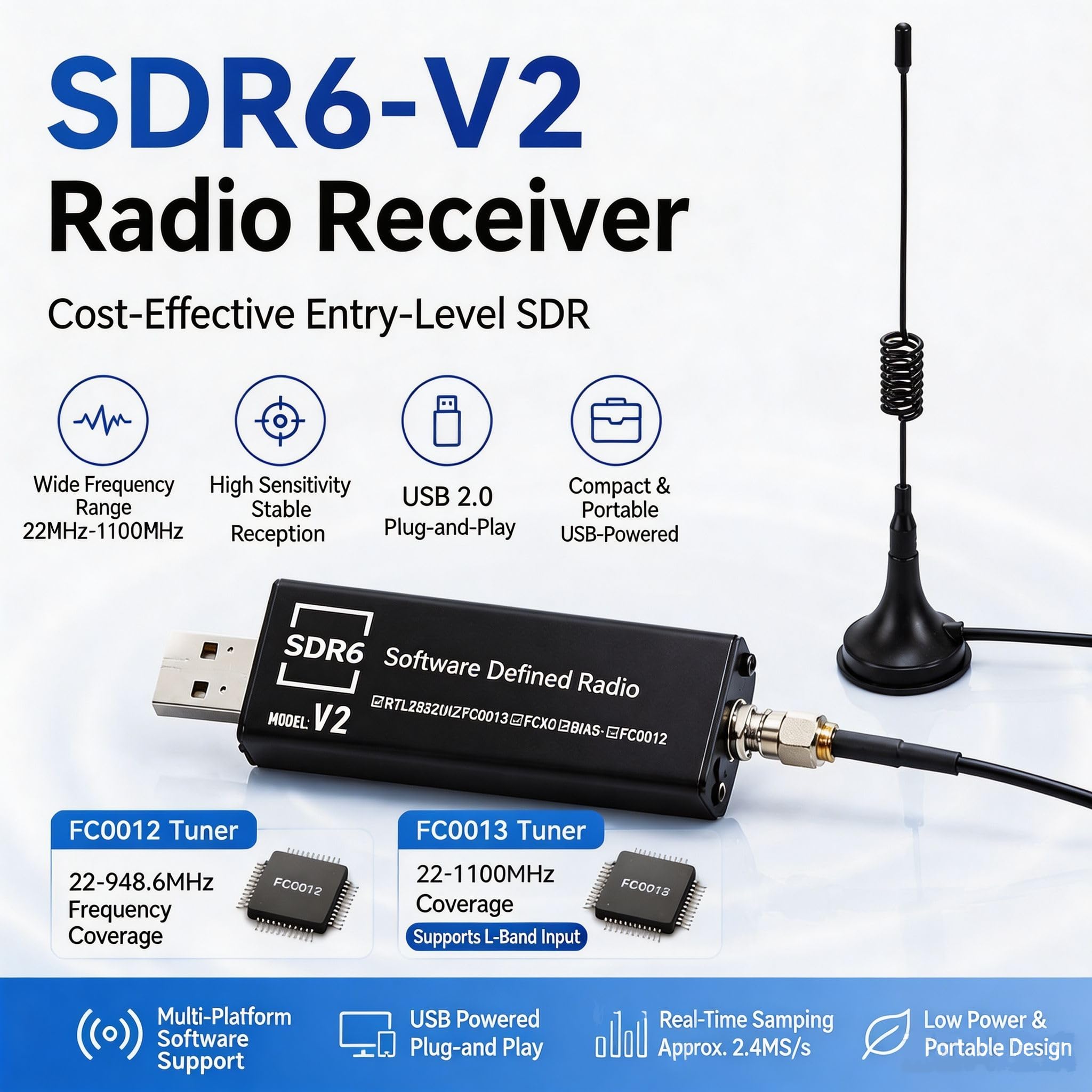 SDR6 V2 Ricevitore Radio RTL2832U USB 2.0 22-1100 MHz (SDR6 V2(FC0013) Kit antenna base magnetica)
