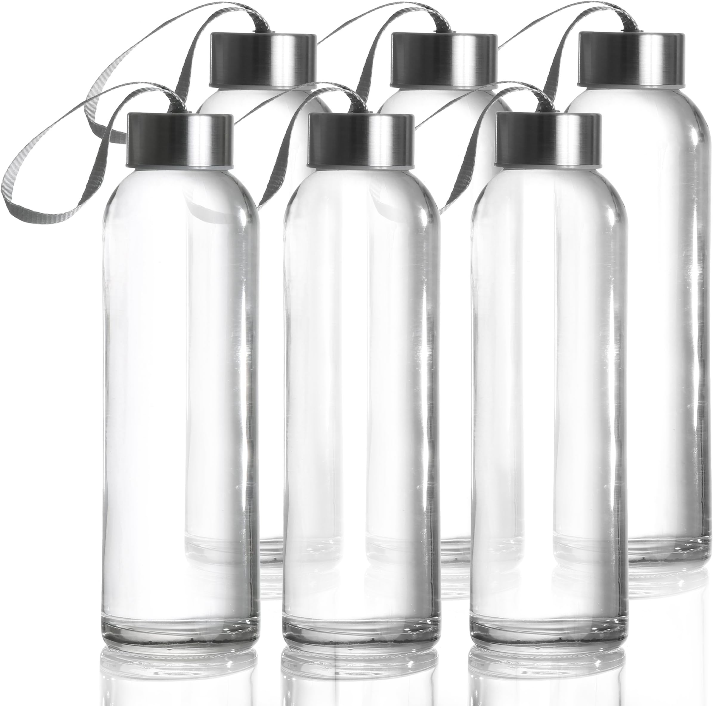 18 oz Glass Water Beverage Bottle 6 Pack Set with Stainless Steel Cap