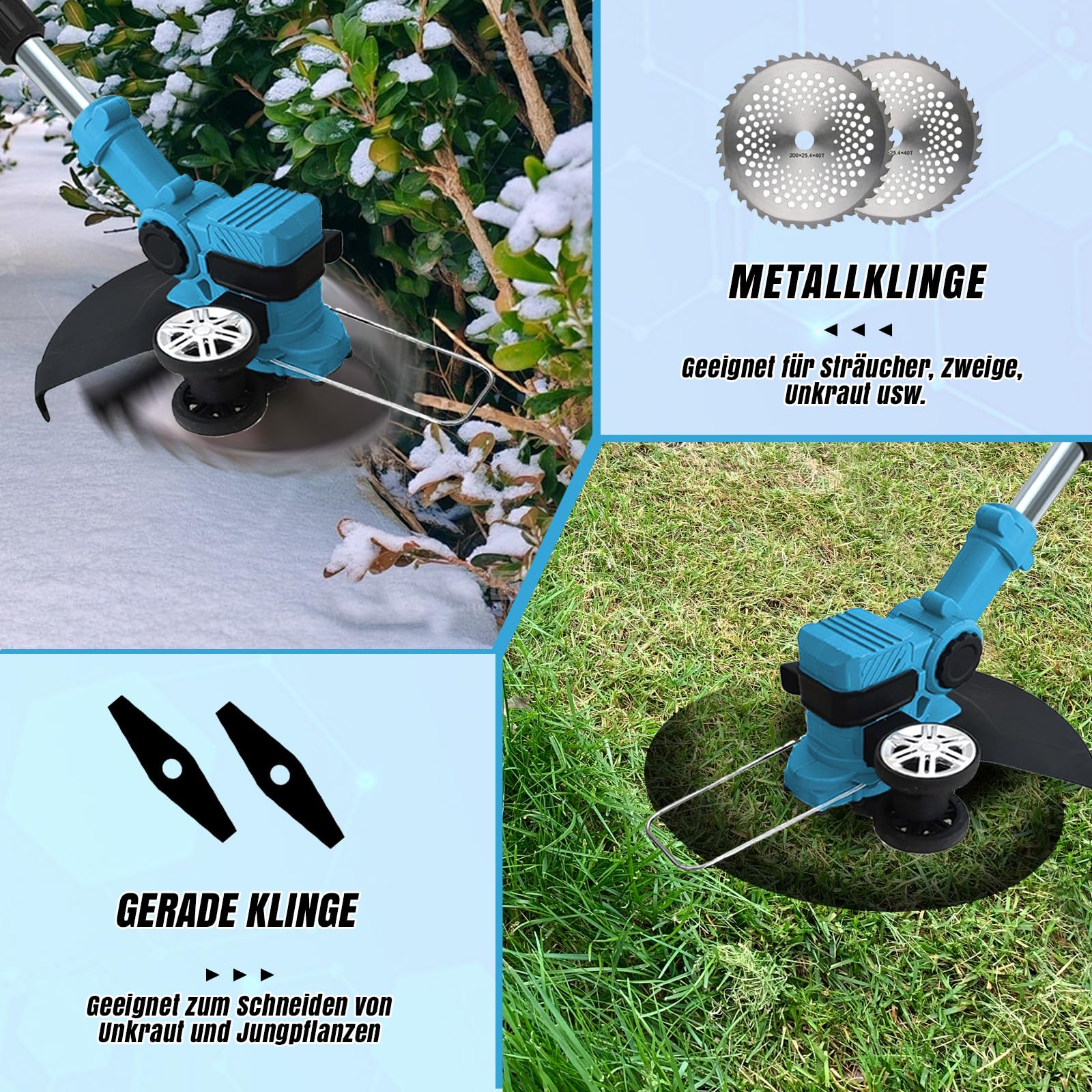 Akku Rasentrimmer kompatibel mit Makita-Akkus mit 4 verschiedenen Messertypen Bürstenloser Rasentrimmer mit 2 x 21V-Akkus Rasenkantenschneider Akku-Motorsense für Garten
