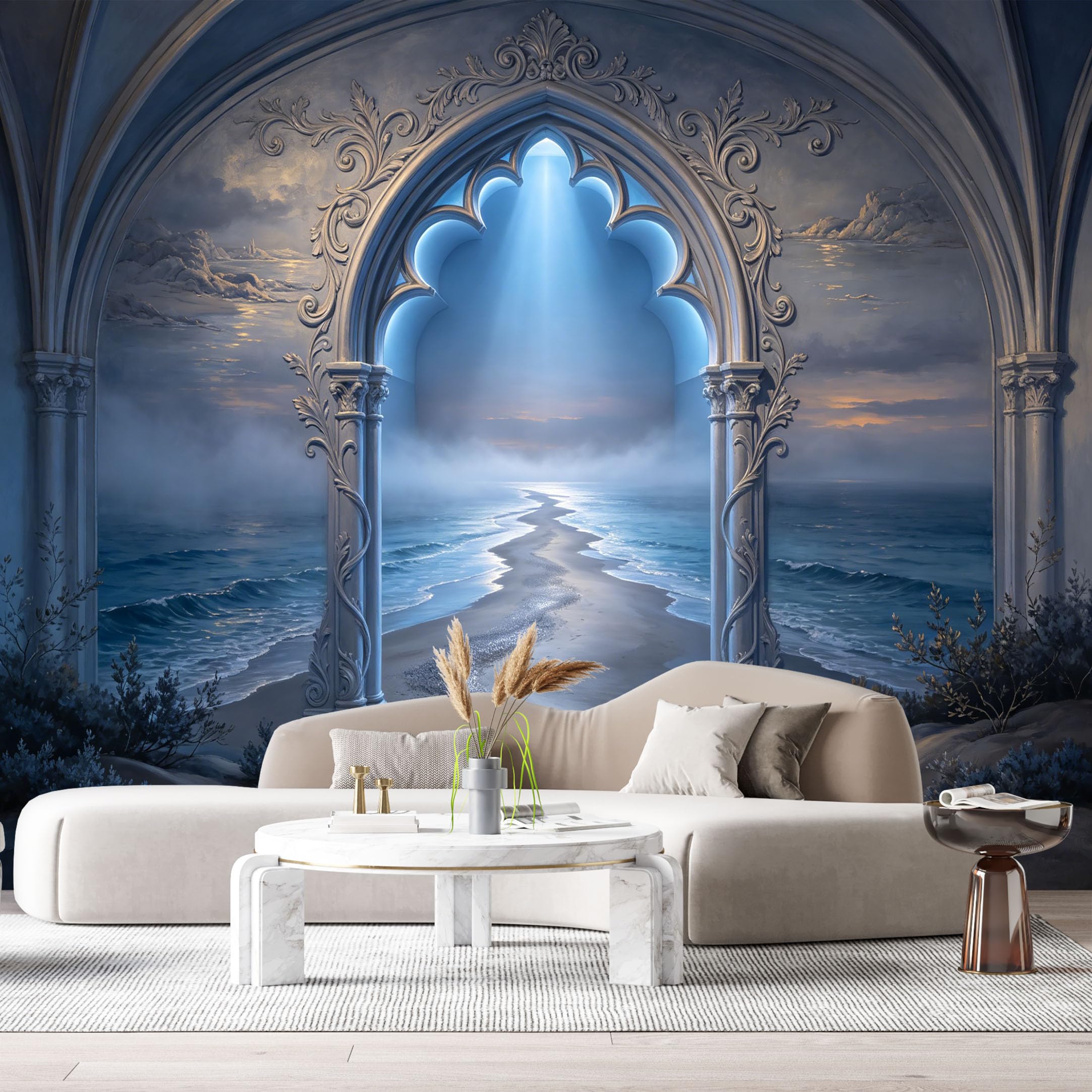 Custom Size Wall Murals Gothic Archway Twilight Seascape Ocean Marine 3D Trompe L'Oeil SelfAdhesiveWall Fabric Removable Wallpaper Wall Decor for Living Room Bedroom Bathroom
