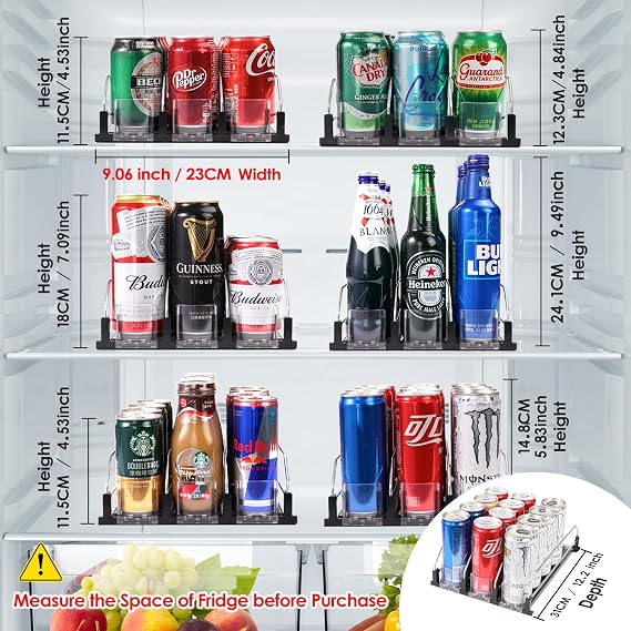 Drink Dispenser for Refrigerator, Self-Pushing Soda Can Organiser for Fridge, 3 Rows has been Assembled, Automatic Can Organiser with Spring Loaded for Refrigerator Holds 12 cans, Black