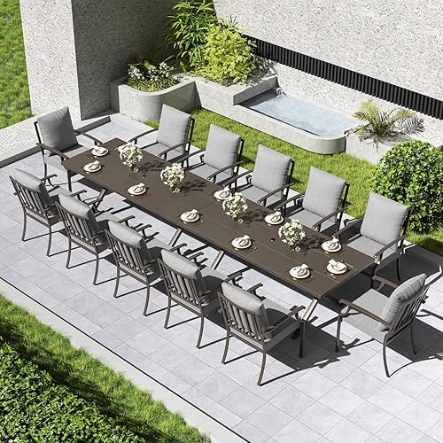 Miniatura 33 de Kullavik Juego de 15 muebles de comedor para exteriores, juego de muebles de ratán para patio, mesa de comedor y sillas con 12 sillas y cojines,