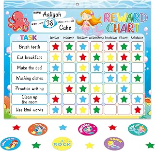 Behavior Reward Chart System for Kids Girls Toddlers - Pad with 30 Chore Charts, 1920 Star Stickers, 96 Incentive Stickers to Motivate Responsibility and Good Habits (Mermaid)