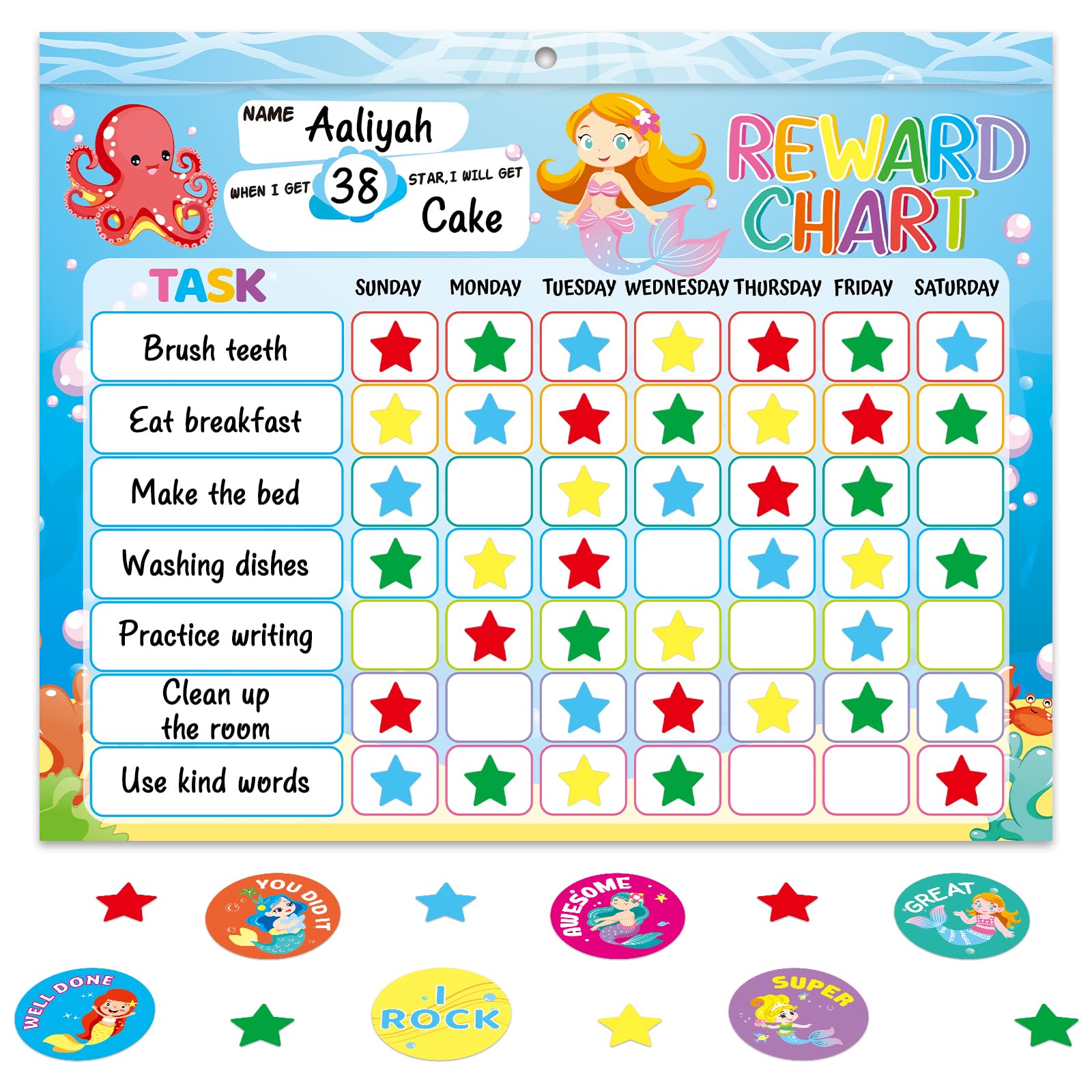 Behavior Reward Chart System for Kids Girls Toddlers - Pad with 30 Chore Charts, 1920 Star Stickers, 96 Incentive Stickers to Motivate Responsibility and Good Habits (Mermaid)