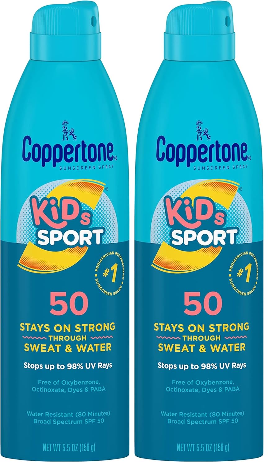 Coppertone SPORT Kids Sunscreen Spray SPF 50, Water Resistant, Broad Spectrum, 5.5 Oz (Pack of 2), Sky Blue