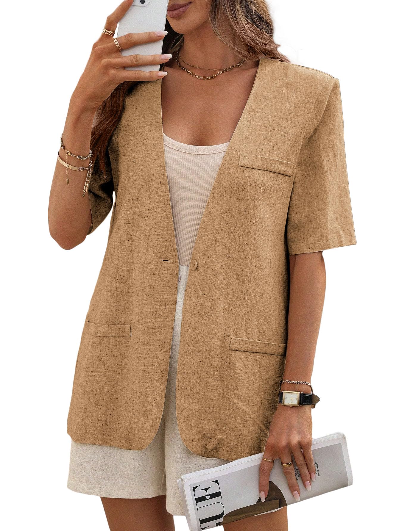 Mina Self Short Sleeve Linen Blazer Women 2025 Summer Lightweight Breathable Collarless Beach Vacation Jacket with Pockets