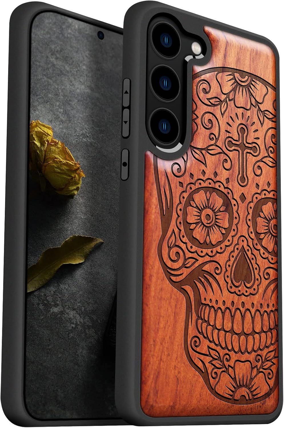 Carveit Wood Case for Galaxy S23 Plus Case [Natural Wood & Black Soft TPU] Shockproof Protective Cover Unique & Classy Wooden Design Compatible with S23 Plus (Sugar Skull-Rosy)