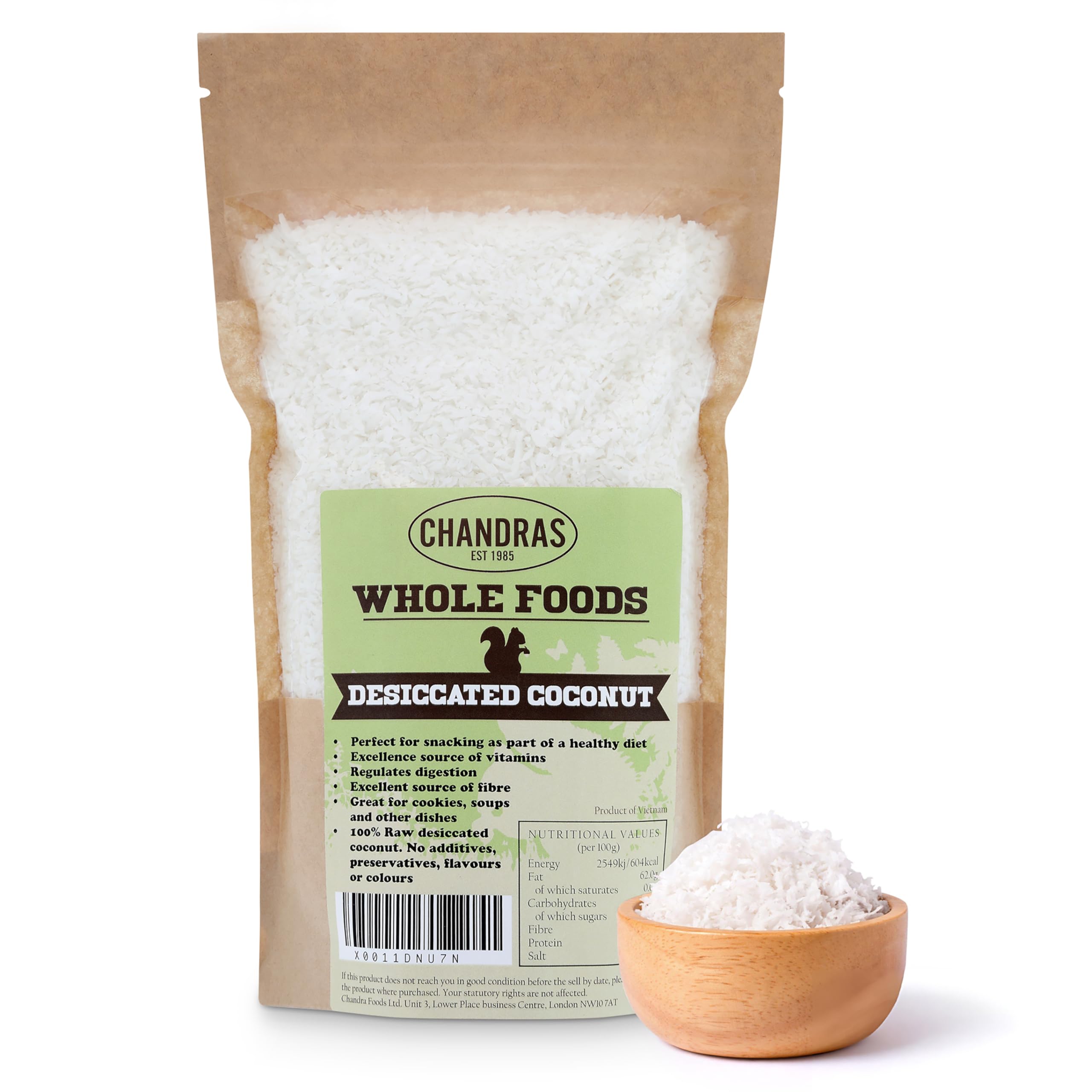 Chandra Whole Foods – Desiccated Coconut 1KG - Low-GI Desiccated Coconut for Snack Making, Smoothies, Baking & Cooking - Gluten-Free Keto Grounded Coconut, Rich in Protein & Vitamins