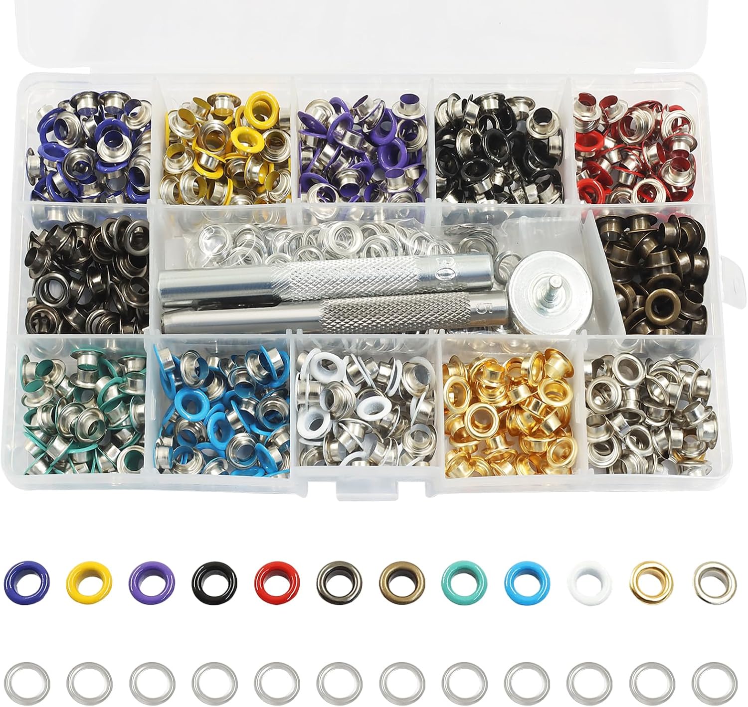 LifCratms 600 Pcs 3/16" (5mm) Grommets Eyelets Kit, 12 Colors Metal Eyelets with 3 Pieces Installation Tool and Storage Box for Leather, Fabric Clothing, Crafts Decoration