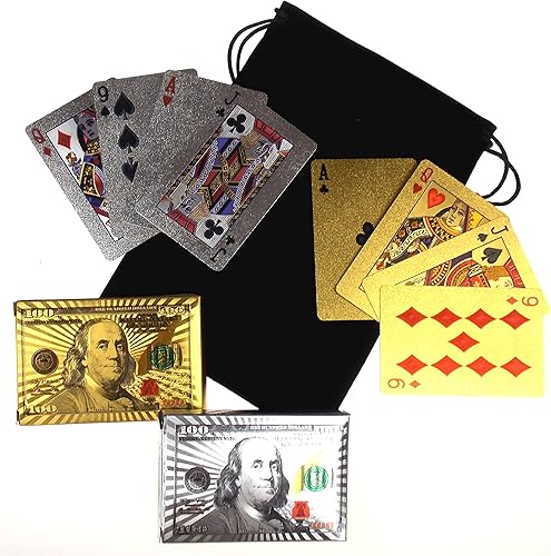 Hickoryville Gold Silver - Tarjetas de juego de billetes de 100 2 barajas incluidas con una bolsa de terciopelo con cordón