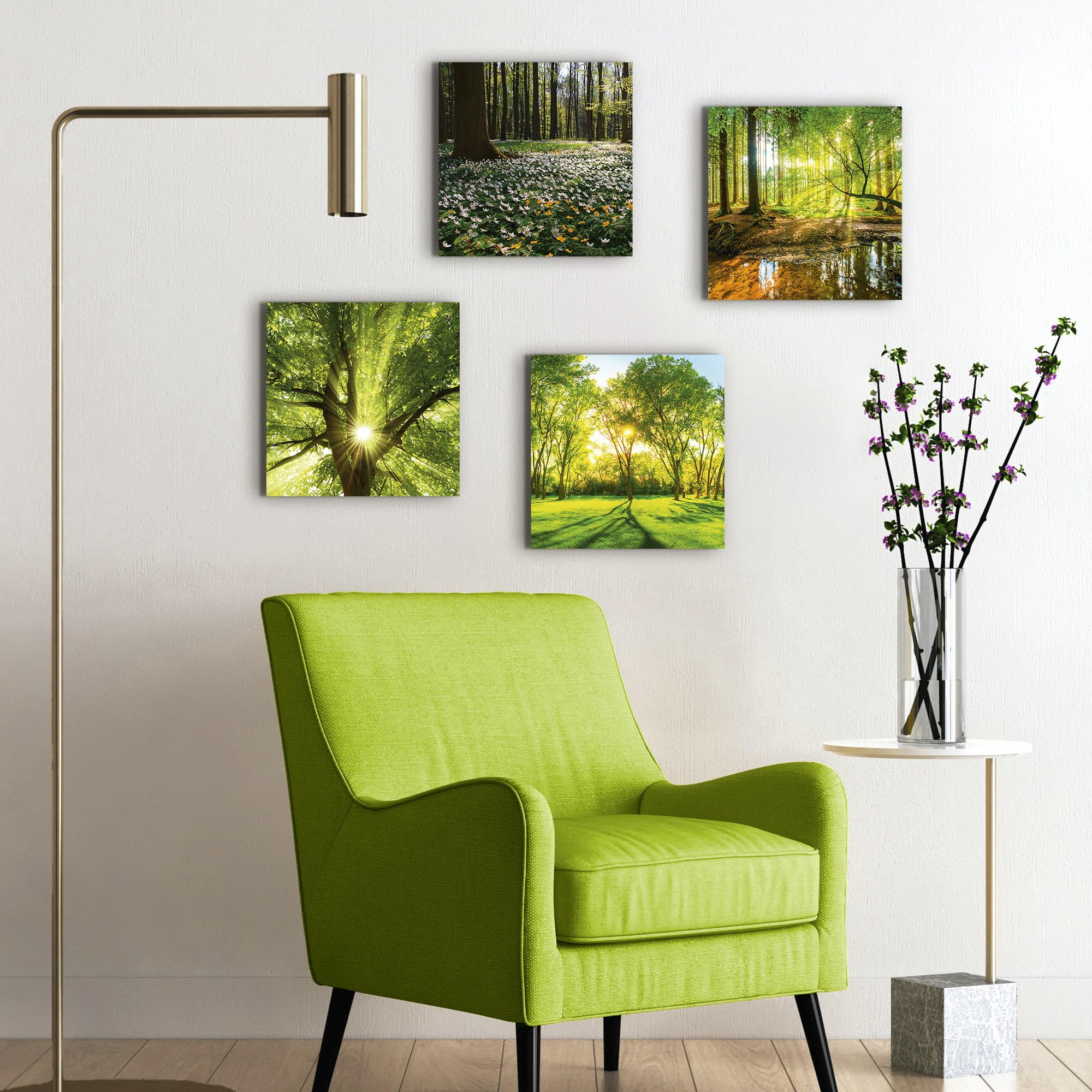 ARTLAND Wanddeko Leinwand Bilder Natur Set 4 tlg. je 40x40 cm Quadratisch Wandbilder Landschaft Wald Bach Frühling Sonne Baum K2FR