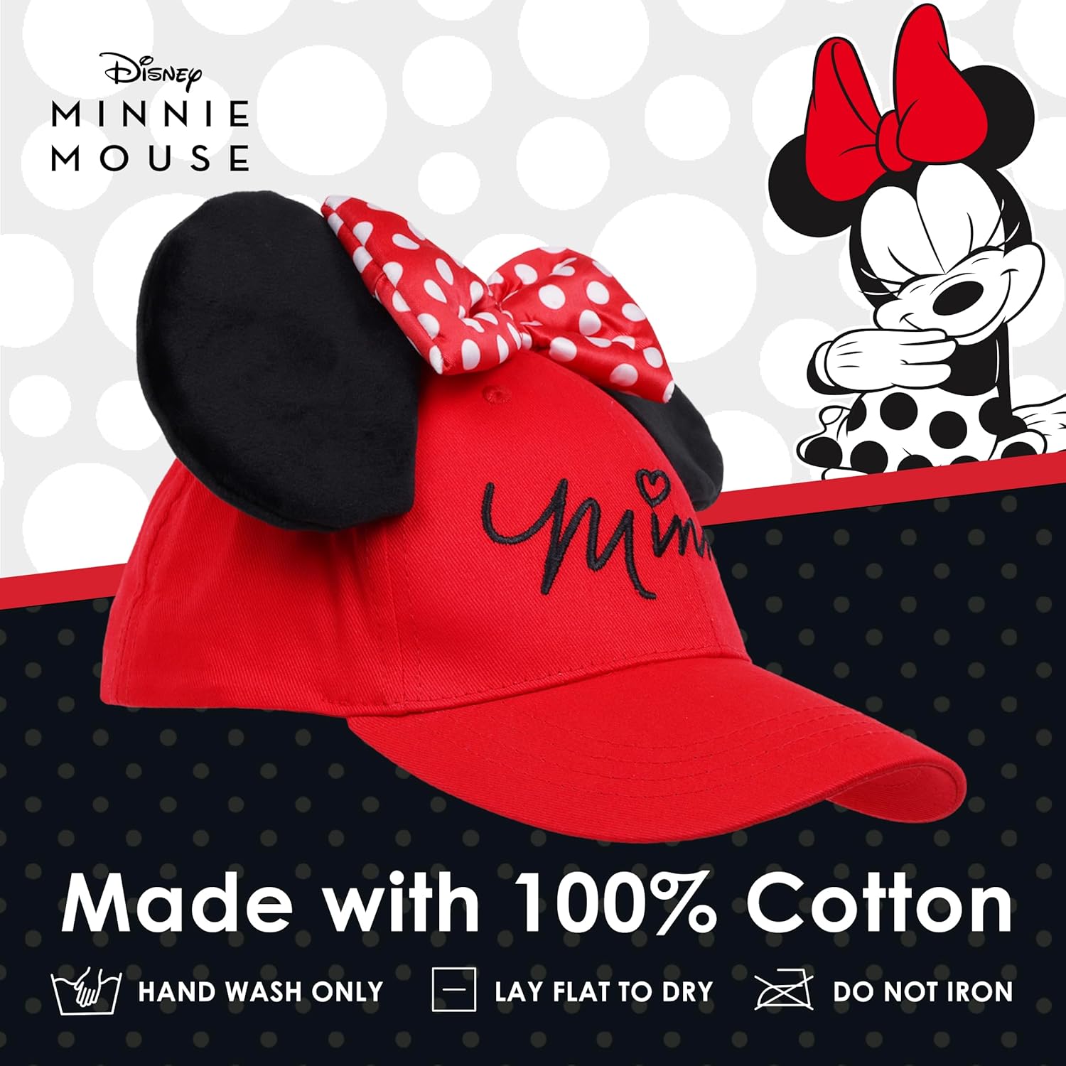 Disney Minnie Mouse Baseball Cap Hat, 3D Ears and Polka Dot Bow with Embroidered Script, Red - Image 6