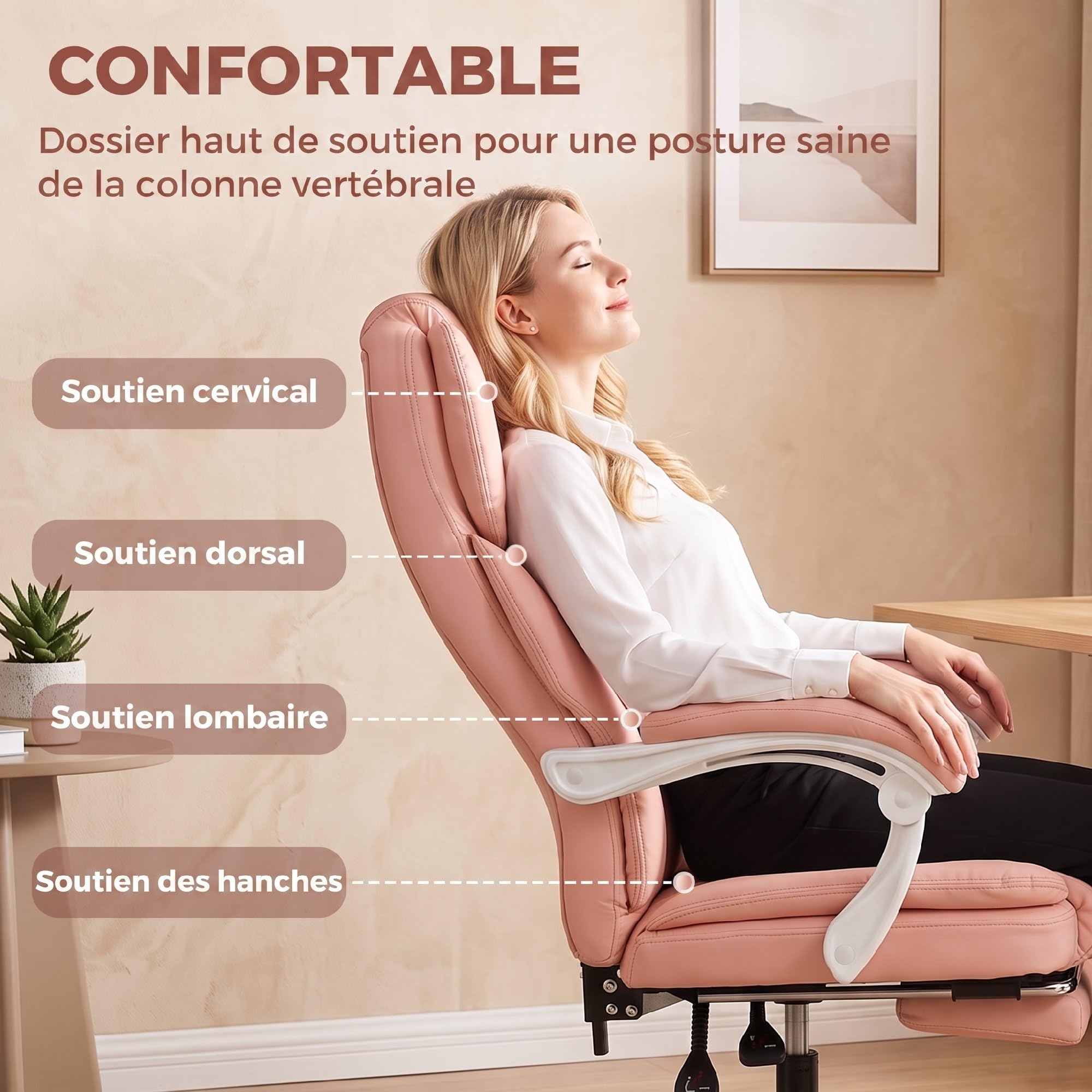 HOMCOM Sedia da Ufficio Reclinabile con Poggiapiedi, Similpelle Antigraffio Pet-Friendly, Schienale Alto e Ampio, Altezza Regolabile, Ruote Girevoli, Molle Insacchettate, Rosa