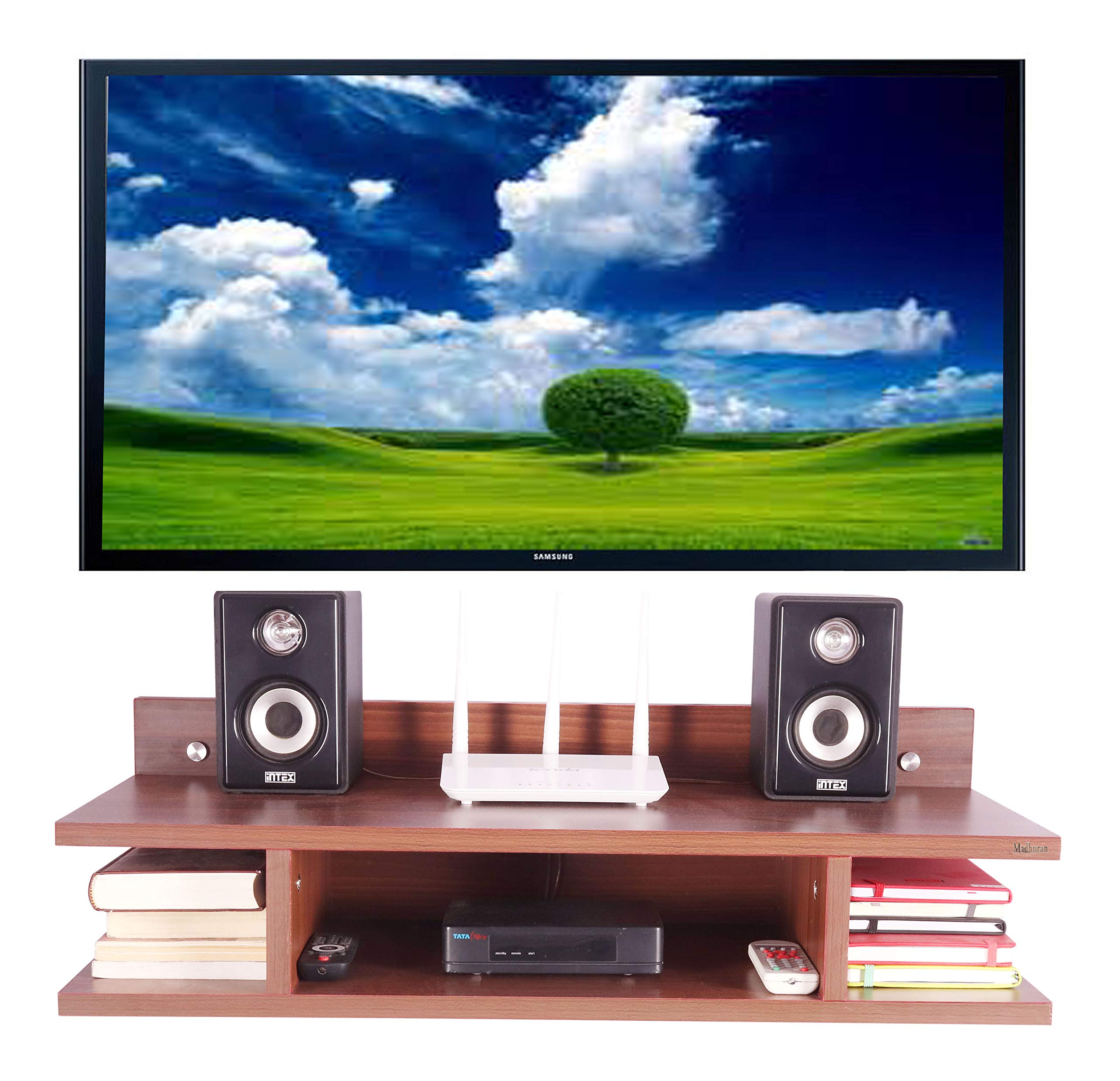Madhuran Engineered Wood Wall Mounted Tv Entertainment Unit Stand Led 32 Inch (Matte,Teak) / Living Room Office Hall Cabinet Remote-image-26