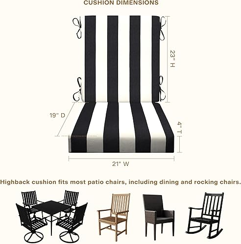 Miniatura 6 de Honeycomb - Cojín para silla de comedor con respaldo alto y textura para interiores y exteriores, rayas negras y marfil Cabana, relleno de poliéster