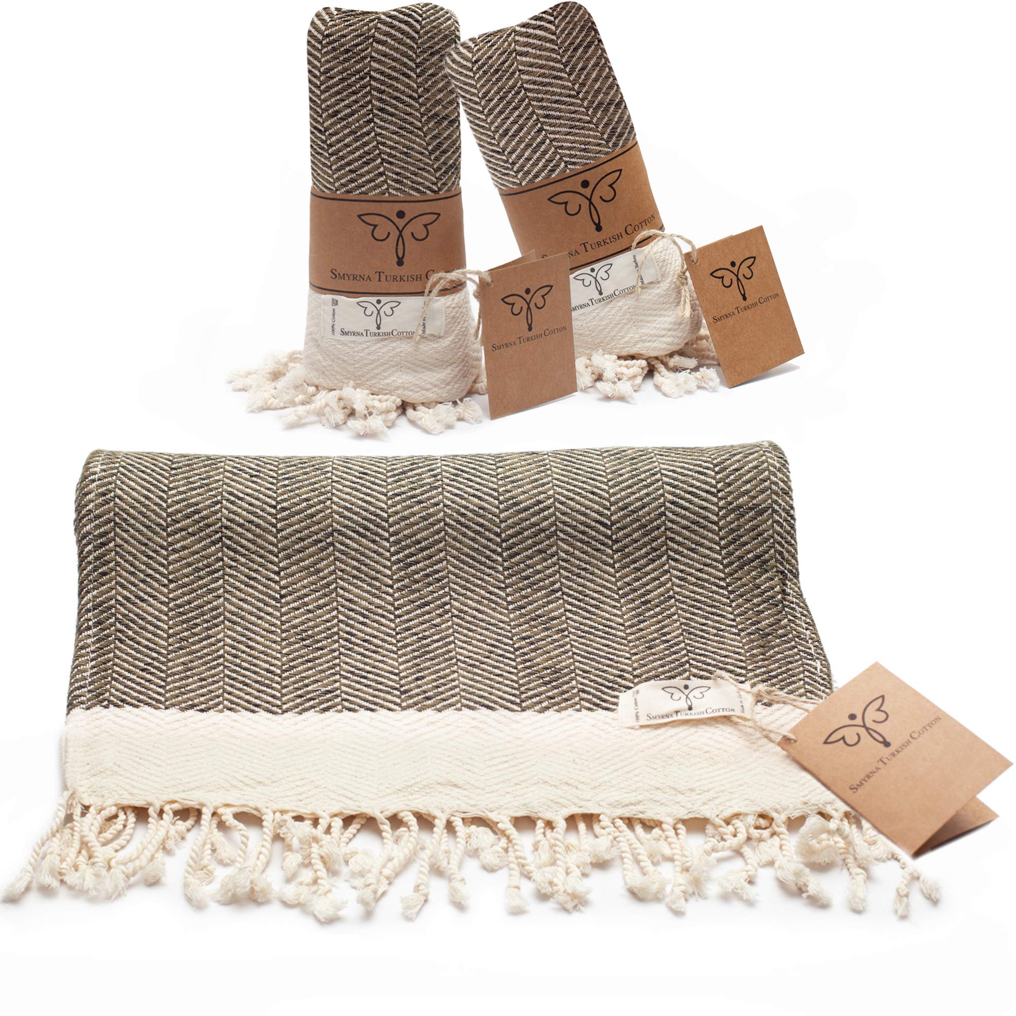 SMYRNA TURKISH COTTON Original Hand Towels Herringbone Series Set of 2 | 100% 16 x 40 Inches | Decorative Bathroom Peshtemal Towel for Hand, Face, Hair, Gym, Yoga, Tea, Kitchen and Bath (Army Green)