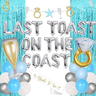 52Pcs Bachelorette Party Decorations, Blue Silver Last Toast on The Coast Balloon Banner with Foil Curtain Diamond Ring and Champagne, Glitter Banner, Bride to Be Sash for Hen Party Wedding Engagement