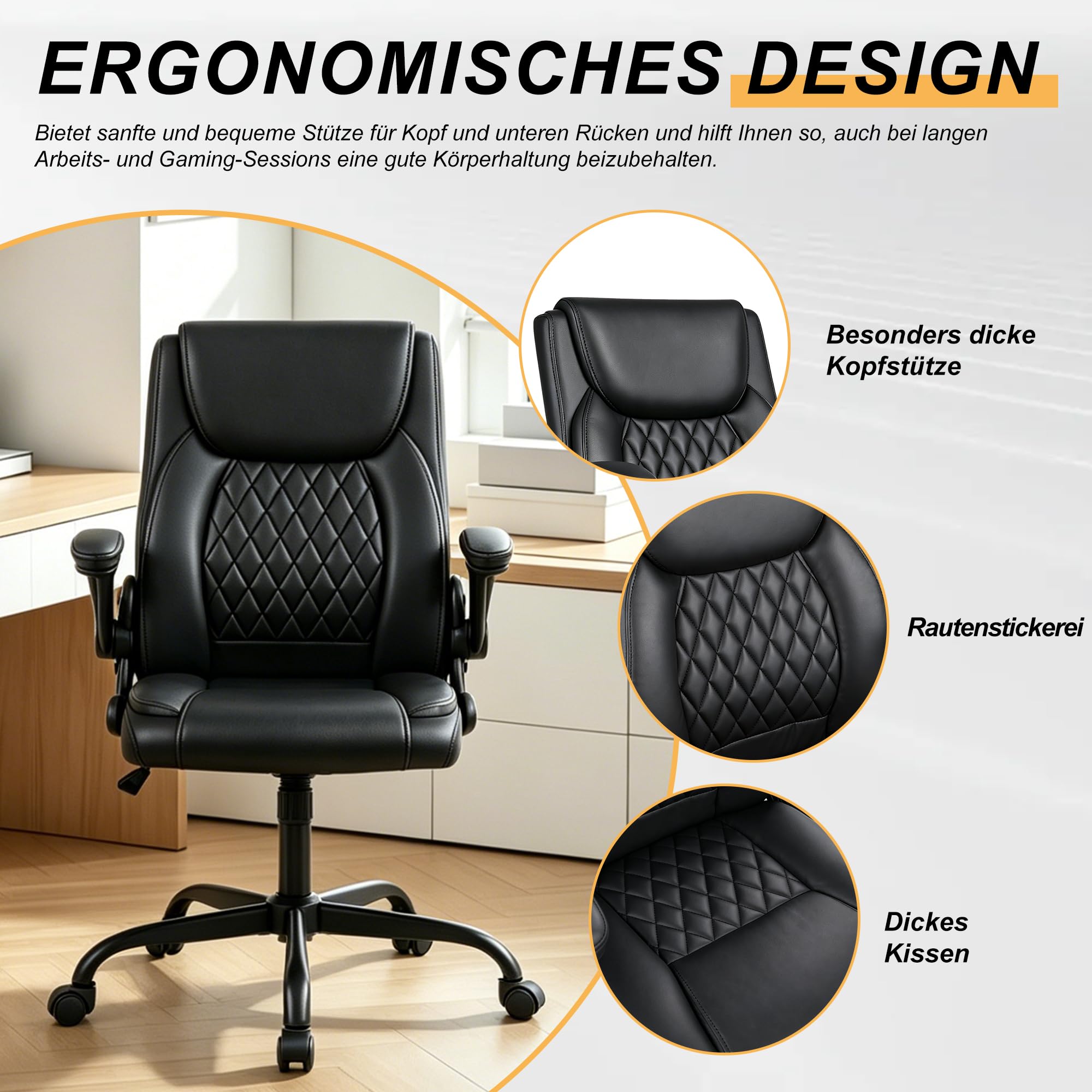 Andyou ergonomischer Bürostuhl – höhenverstellbar, Rückenlehne 17° neigbar, 90° klappbare Armlehnen, atmungsaktives PU-Leder, Drehsessel mit Rollen, belastbar bis 130 kg, schwarz
