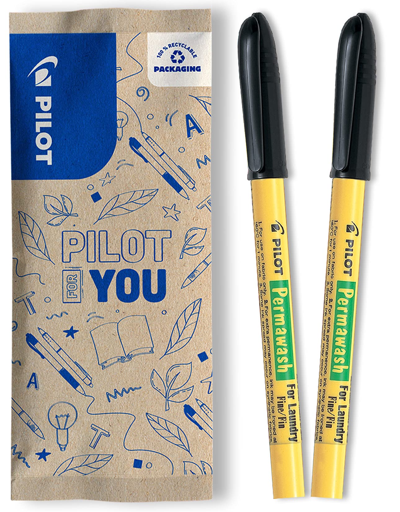 PILOT Caja de 2 Marcadores Textiles Permawash - Tinta Lavable - Negro - Punta Fina