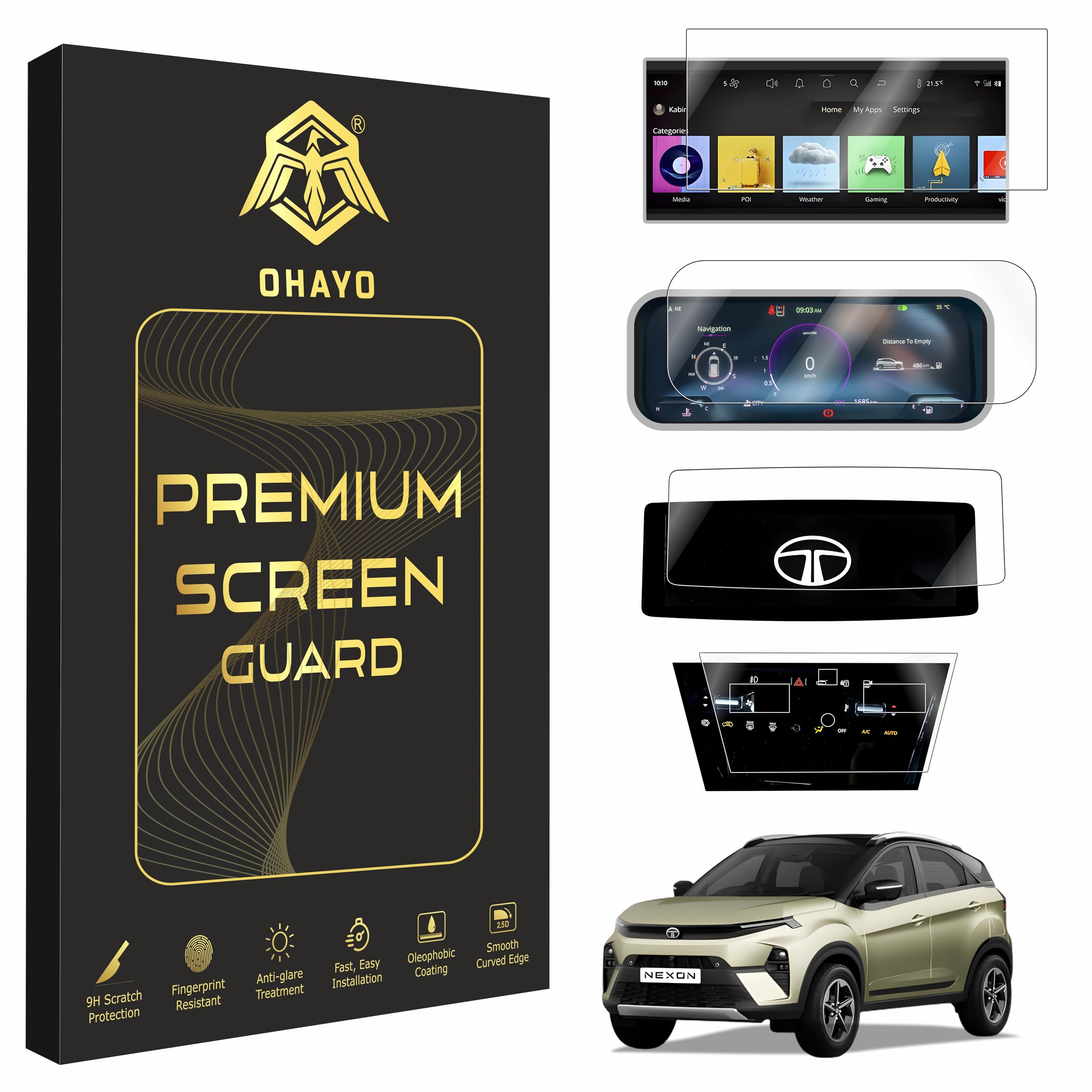 OHAYO 4 Pack Car Display Screen Protector for Tata Curvv 2024 Facelift Accomplished+A | 12.3” Infotainment, Instrument Cluster, Steering & AC Panel Protection | 9H Hardness, Military Strength, Scratch Resistant, Not Tempered Glass-picture-11