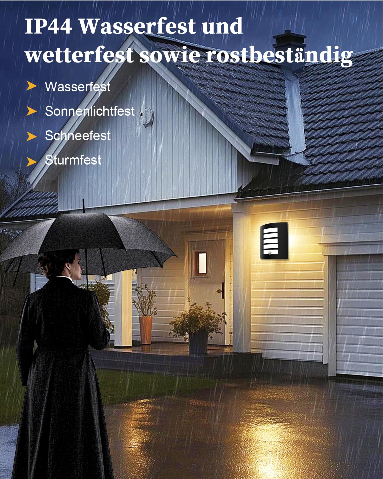 2er Set Außenwandleuchte mit Bewegungsmelder E27 Wandlampe IP44 | Integrierter Bewegungsmelder, IP44, inkl. 2x 12W E27 LED, 1200lm 3000K Warmweiß, Schwarz Matt, für Eingang und Hauswand
