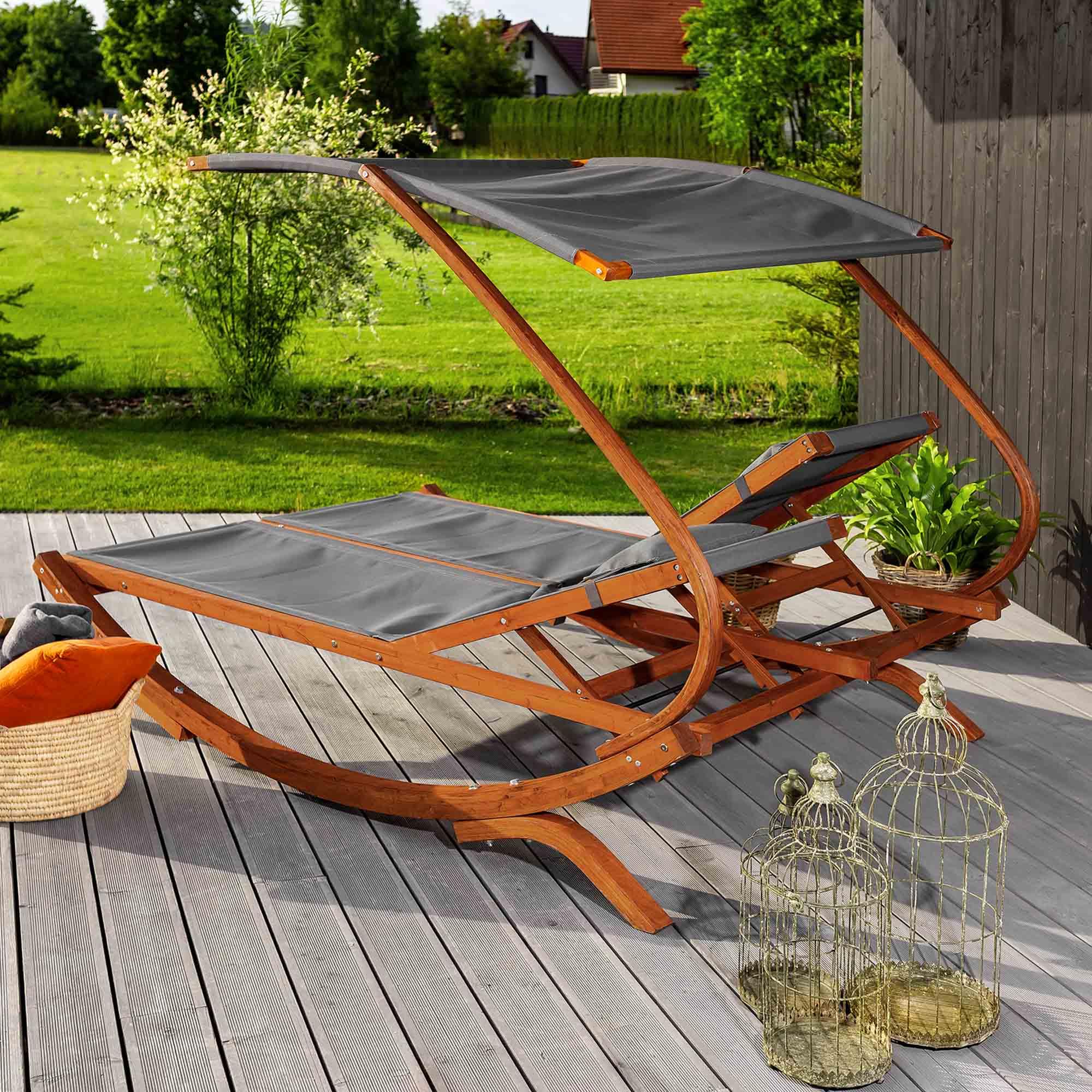 di volio Doppelliege aus Lärchenholz mit Dach für 2 Personen Outdoor Pionza | 280 kg belastbar, getrennt verstellbare Rückenlehnen, Sonnendach, Kopfkissen, Teslin-Gewebe, Terrasse, Garten, Pool