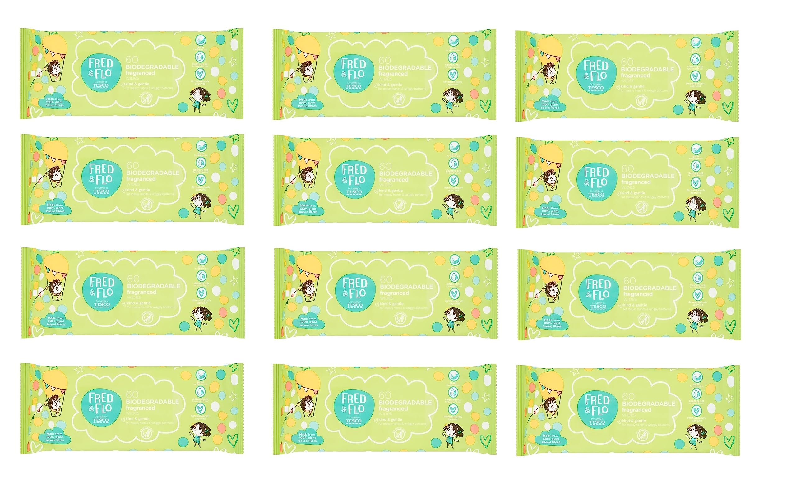 12x Fred & Flo Kind & Gentle Fragranced Wipes 60 Pack