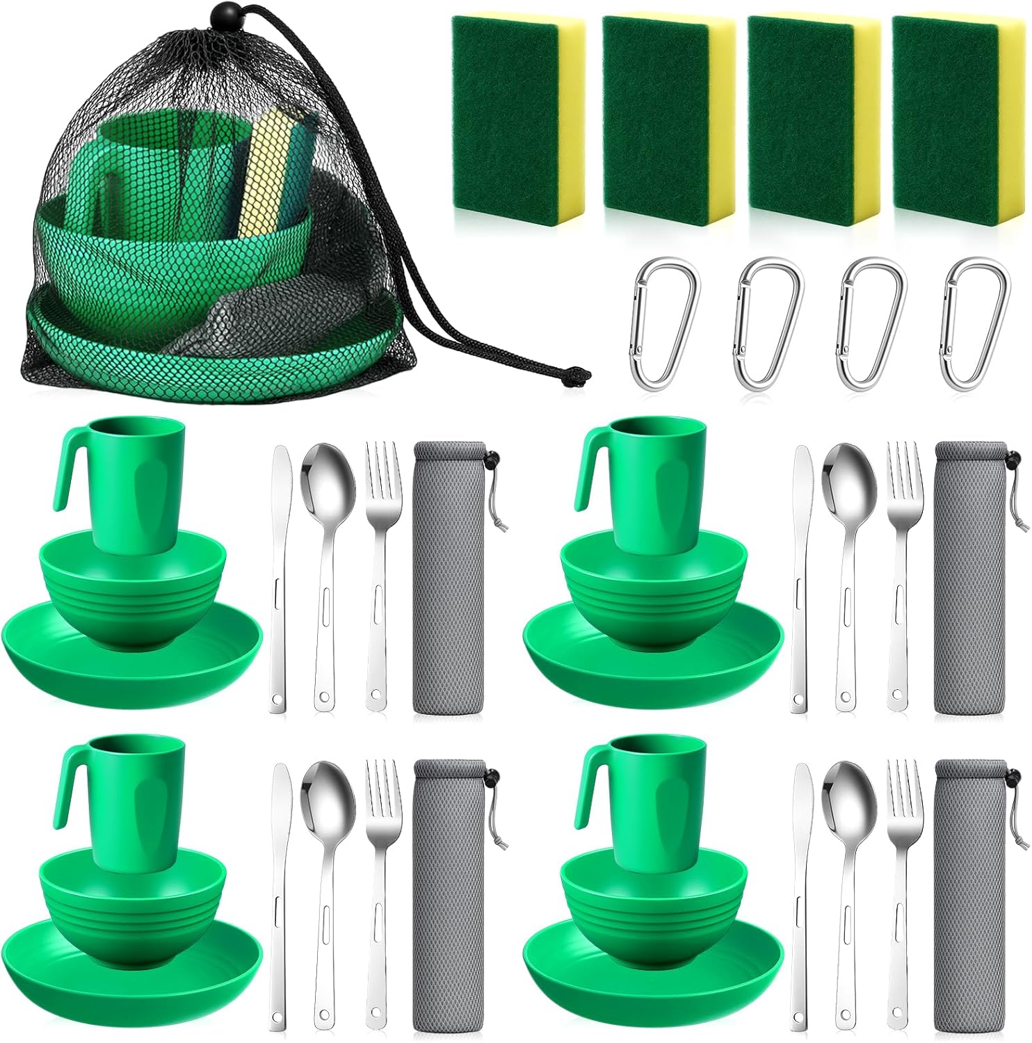 Camping Mess Kit for 4, Reusable Plastic Camping Dishes Set Light Weight Tableware Kit Utensils for Backpacking Hiking Picnic Outdoor Essentials Gear