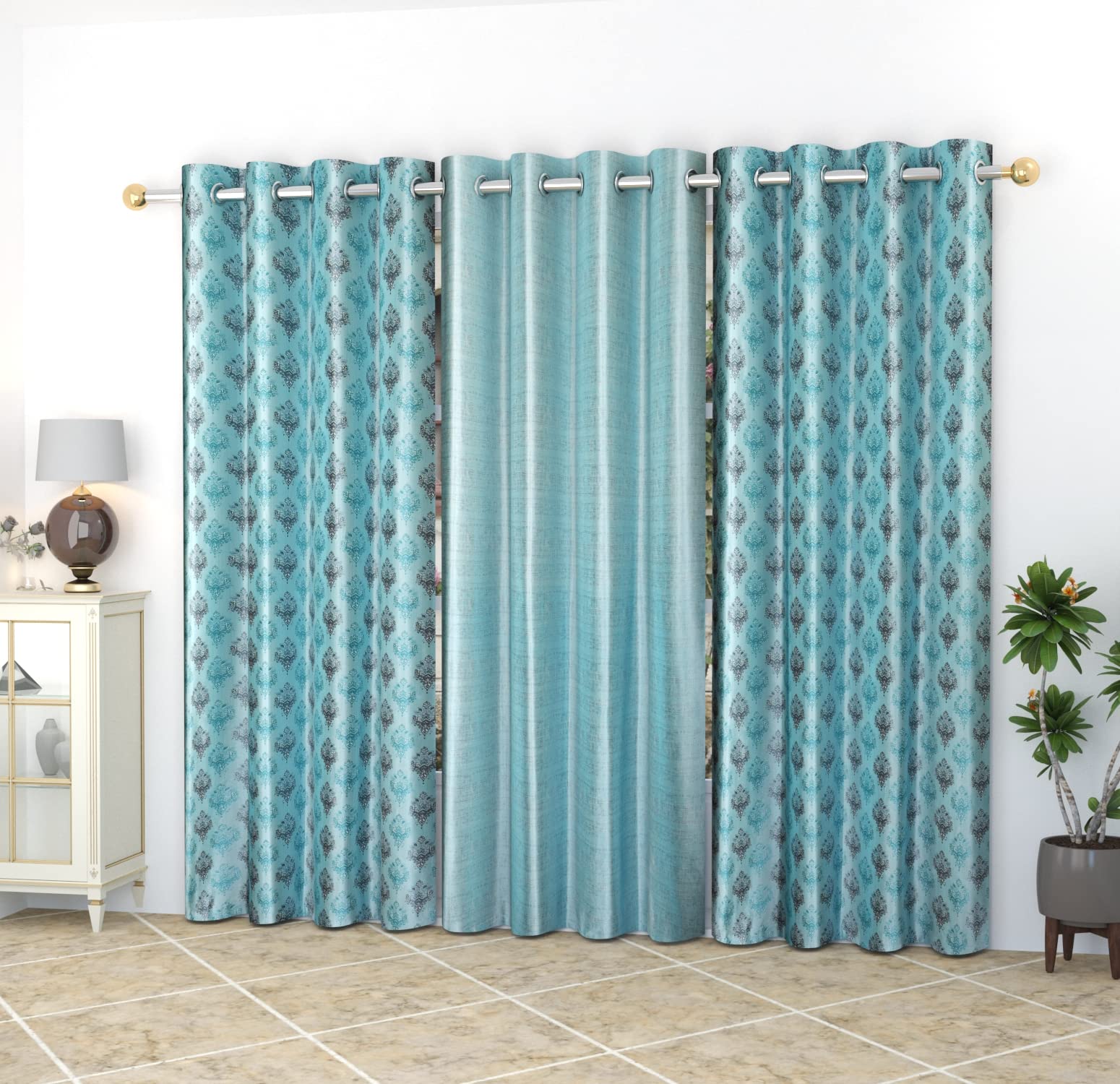 STAR DECOR Damas Printed & Texture Polyster Curtain - 7 feet Door, Aqua Blue [Set of 3]