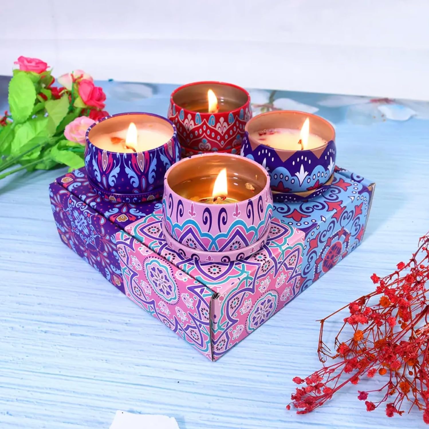 4pack Aromatherapy Scented Candle Gift Set for Women Handcrafted Natural Soy Wax| Stress Relief Mom Spa Yoga| Scent – English Pear & Freesia, Fig, Lavender, Lemon (Moroccan Floral)